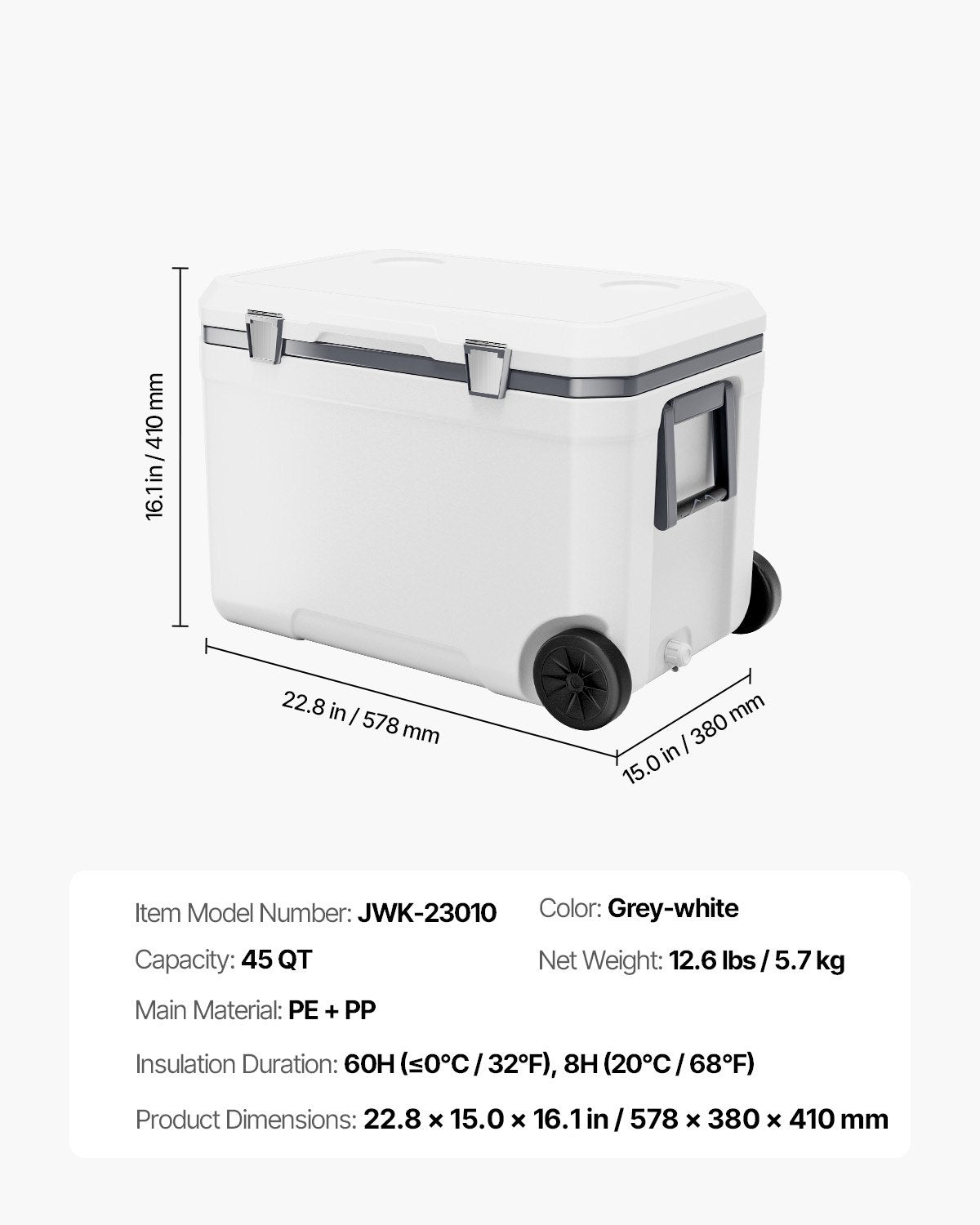 Bärbar kylväska, 45 QT kylväska med hjul och ishållare, kraftiga handtag och mugghållare, lätt och styv isolerad bärbar kylväska, lämplig för familjepicknickar och långresor