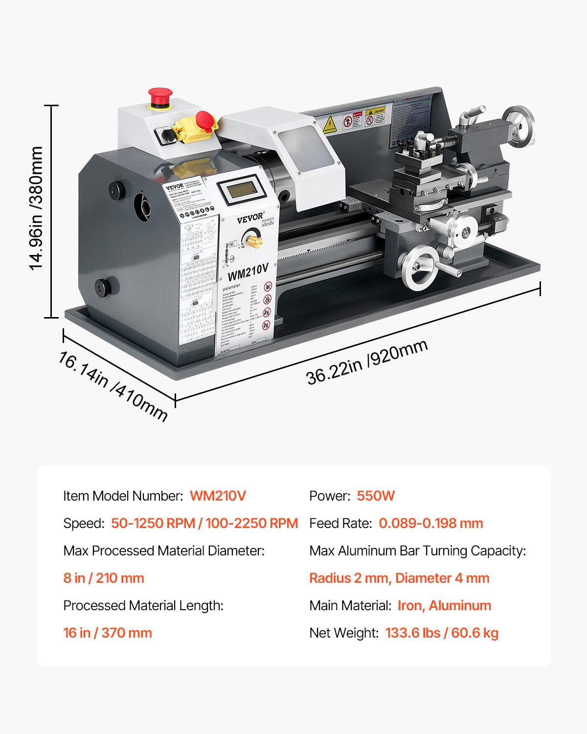 Metal Lathe, 203 x 406 mm(8 x 16 in), 550W Benchtop Lathe Machine, 0-2500 RPM Variable Speed, with 0.0076 mm(0.0003 in) Spindle Accuracy Metal Gear, for Processing Precision Parts Imperial/Metric Thread Soft Metals Wood
