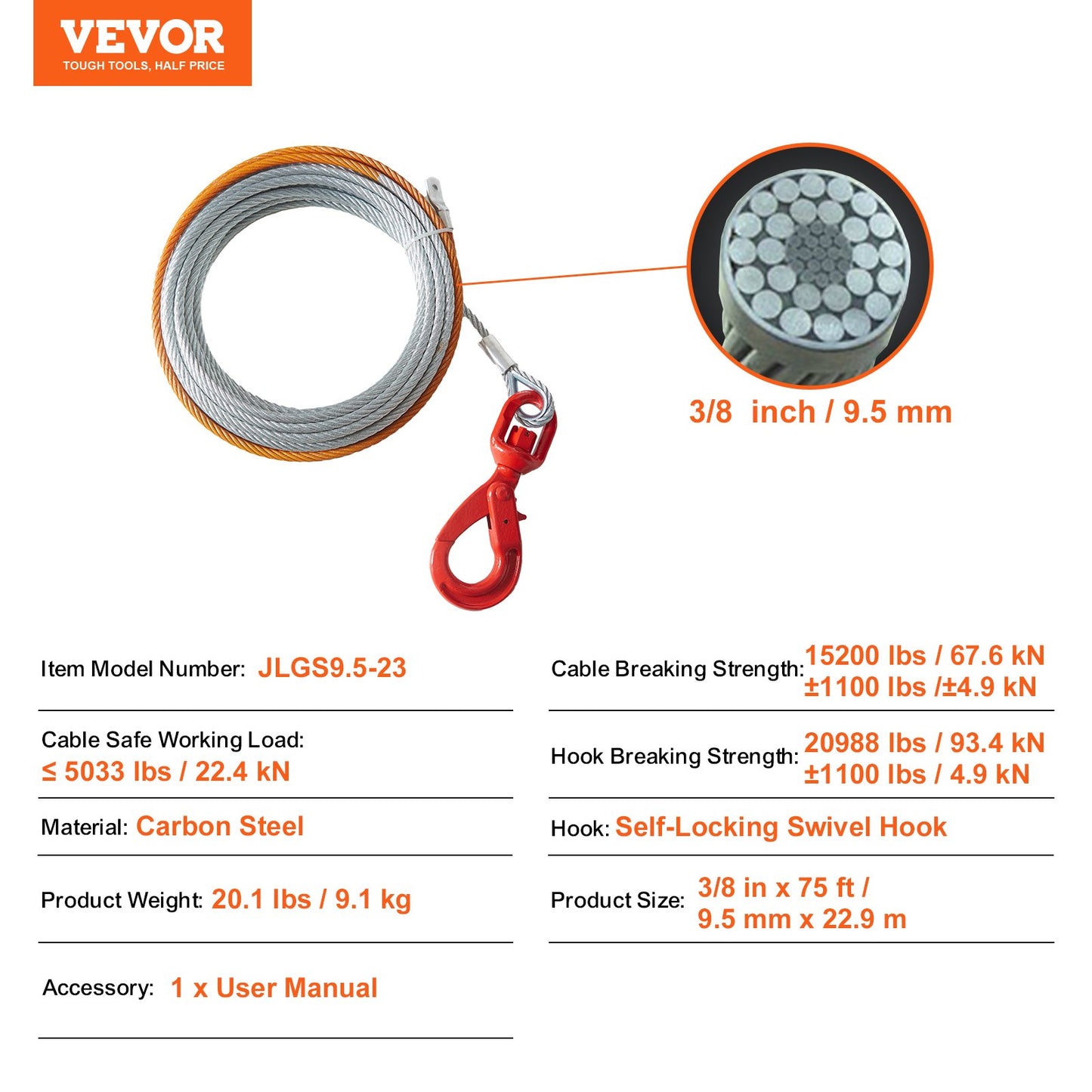 Galvanized Steel Winch Cable, 9.5 mm x 22.86 m 6,895 kg Breaking Strength, Wire Winch Rope with Swivel Hook, Towing Cable Heavy Duty, Universal Fit for SUV, Large Off-Road Vehicle, Truck