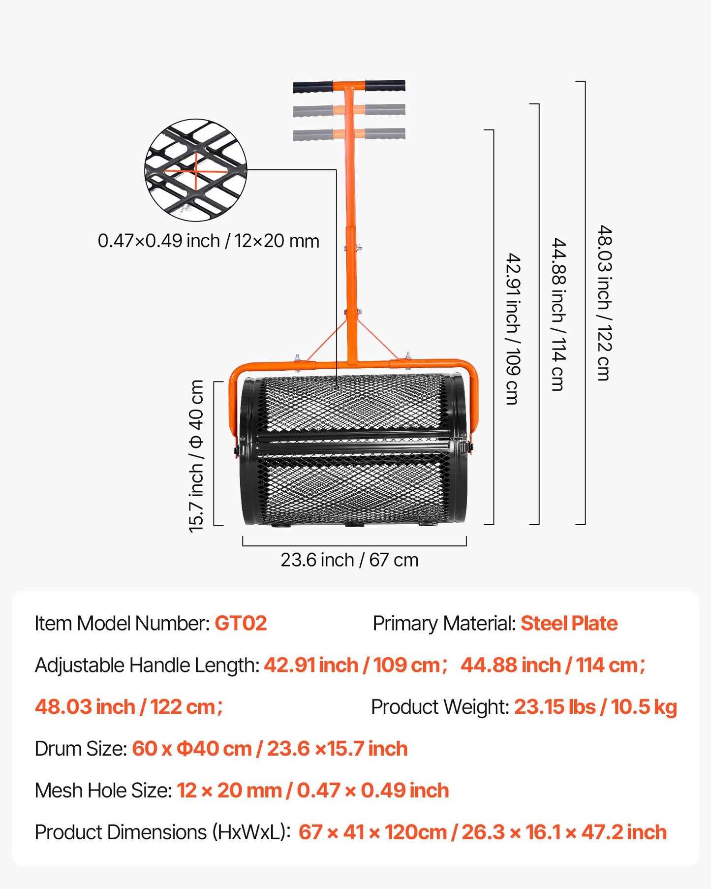 Compost Spreader, 24 in Wide Peat Moss Spreader with T Shaped Handle, 3 Heights Adjustable, Powder-Coated Steel Garden Peat Moss Roller, Heavy Duty Grass Seed Spreaders for Planting Seeding