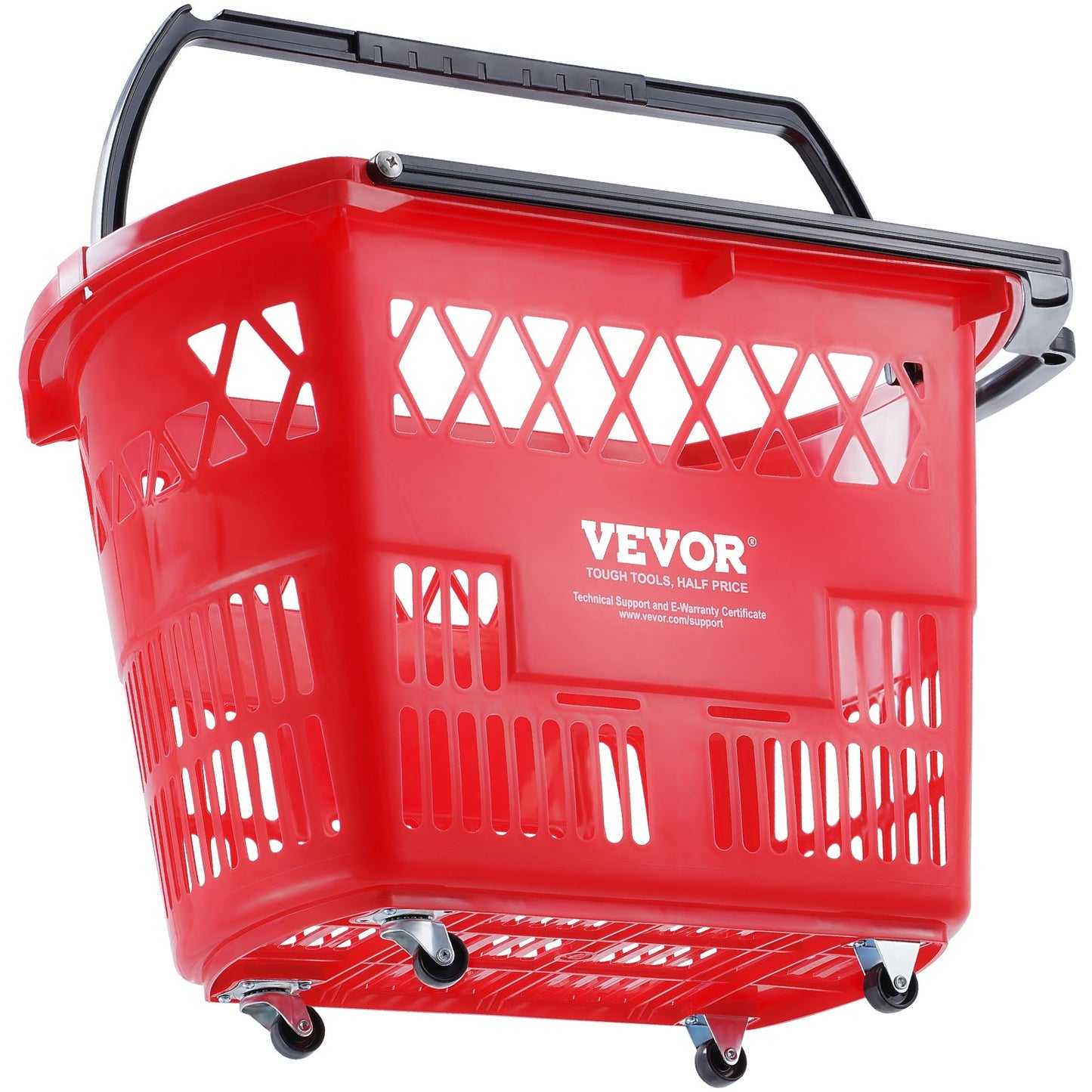 Shopping Baskets, 6PCS, 39L Shopping Carts with Handles, Plastic Rolling Shopping Basket with Wheels, Large Portable Shopping Basket Set for Supermarkets, Retail Stores, Grocery Shopping, Red