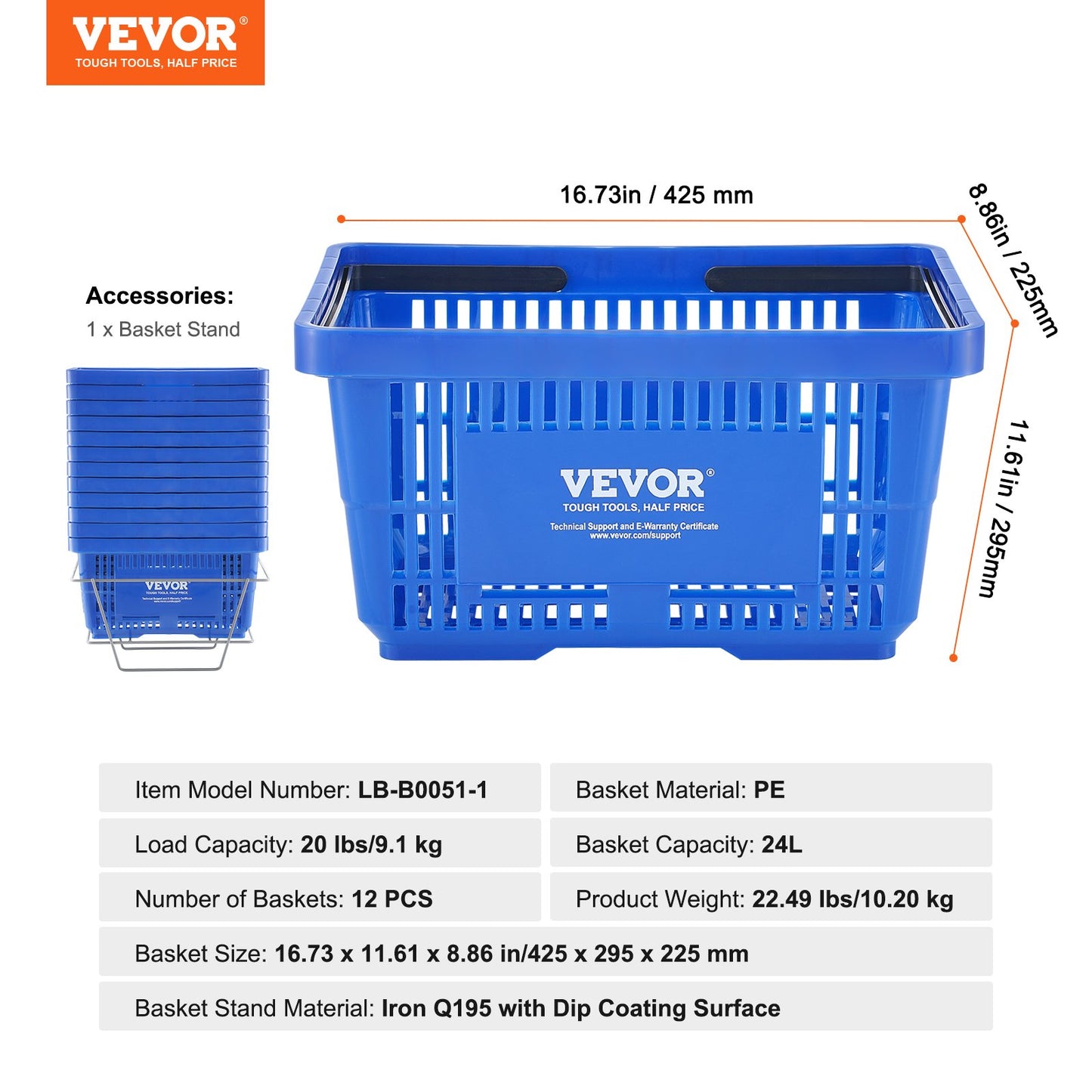 Shopping Basket, Set of 12, 24L Durable Plastic Grocery Basket with Handle and Stand, 16.73 x 11.61 x 8.86 inch Portable Shop Basket Bulk Used for Retail Store Supermarket Grocery Shopping, Blue