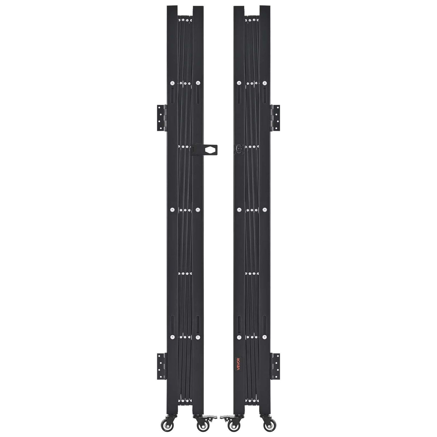 Dubbelfällbar säkerhetsgrind, låsbar saxgrind med 360° svängbara hjul, utfällbara stålgrindar för utomhusbruk, för entrésäkerhet, garage, lager och pool, 370 × 160,5 cm (B × H)