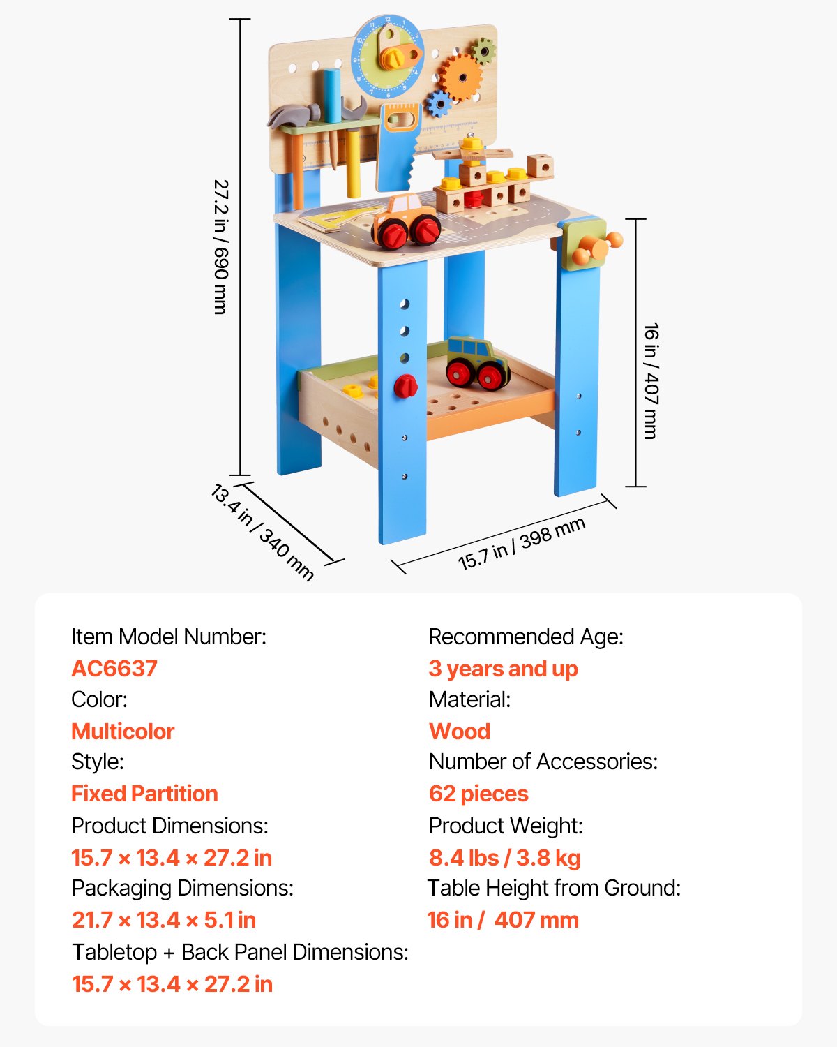 Kids Workbench, 62 pcs, Wooden Tool Bench for Kids 3 Years and Up, Toddler Toy Workbench with Realistic Tools, Building Toy Set Creative & Educational Construction Toy for Boys & Girls