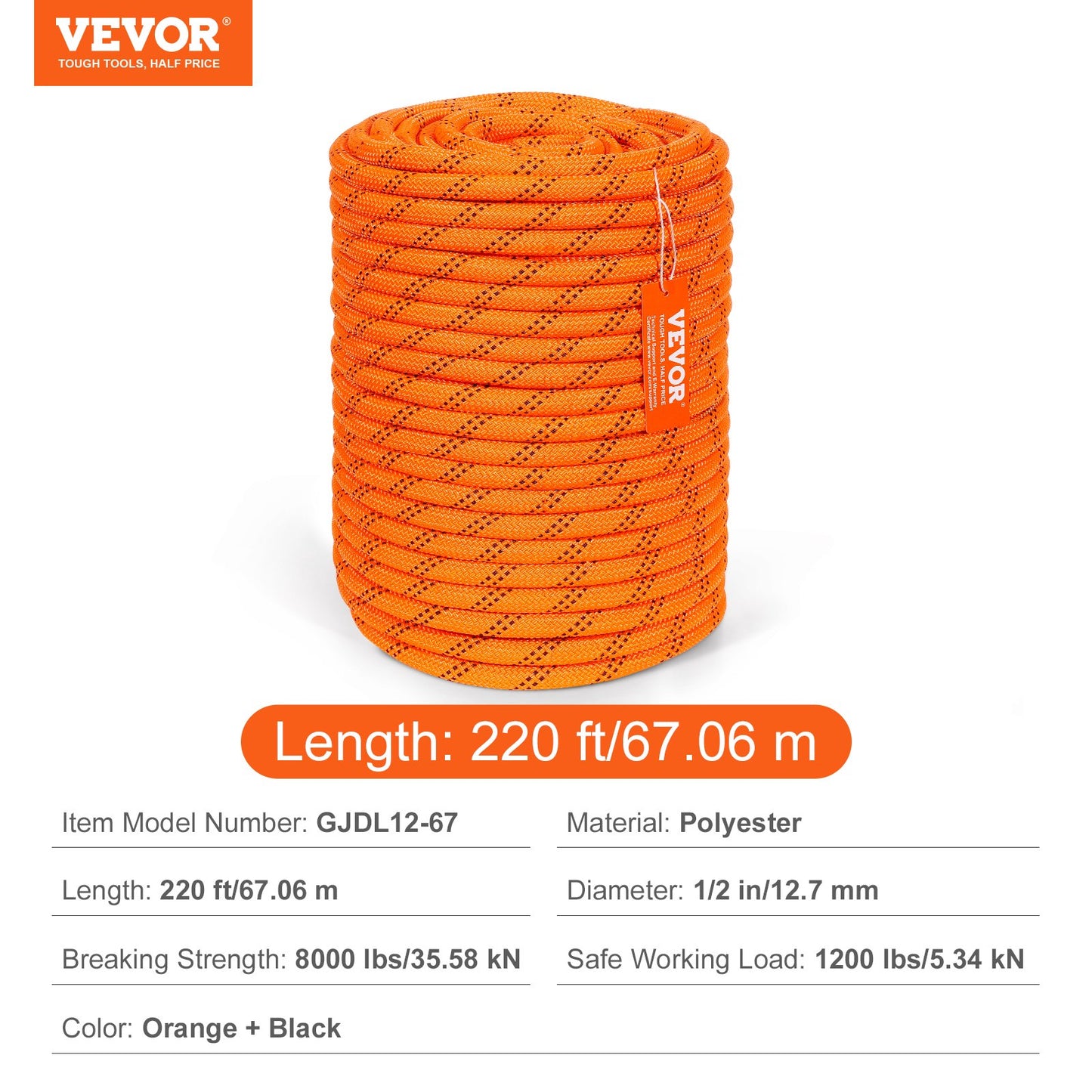 Arborist Tree Climbing Rope Double Braid Polyester 1/2"/1.3 cm x 220'/67.1 m 48-Strand