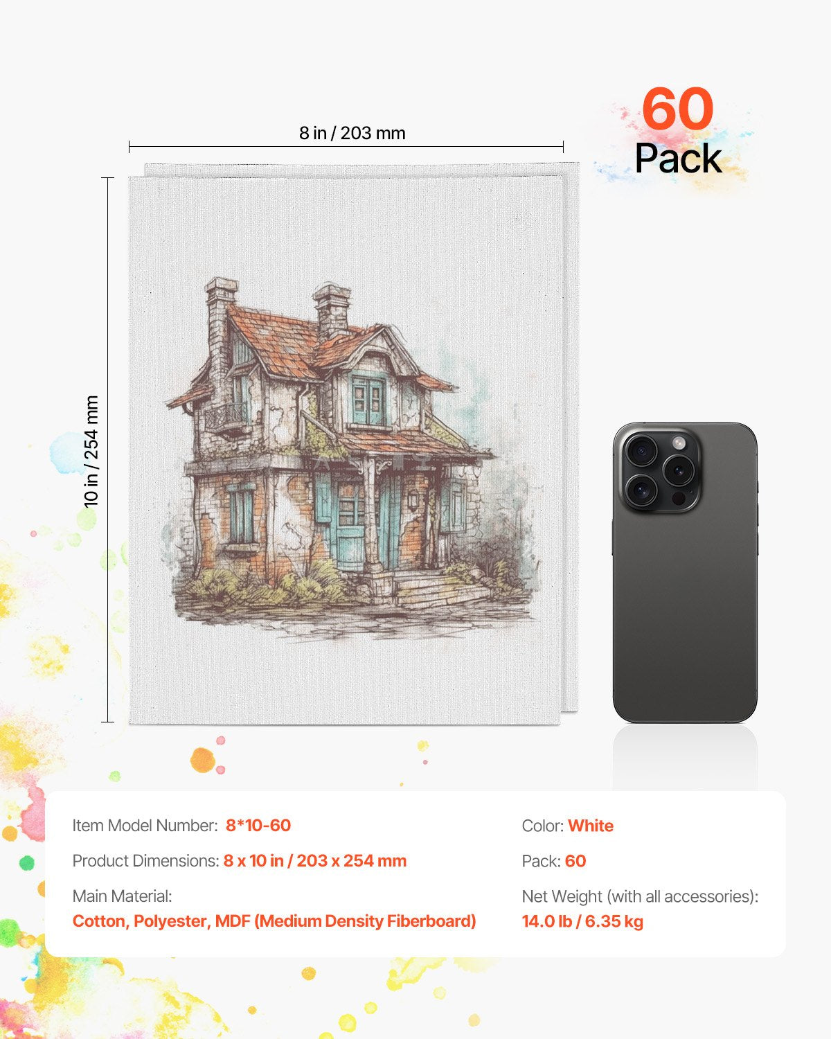 Canvas Boards for Painting, 8 x 10 Inch White Canvases for Painting, 60 Pack Painting Canvas Panels for Sketching, Acrylic and Oil Painting, Watercolor, Paint Canvas for Kids and Professionals