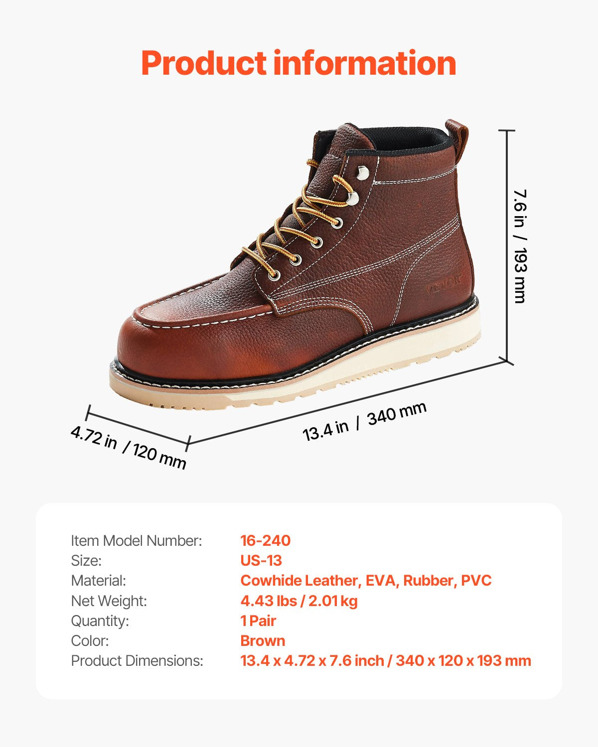 Steel Toe Work Boots, UK Size 12, Waterproof Moc Toe Work Boots for Men, Slip-Resistant Work Boot, Lightweight and Breathable EVA Rubber Sole Mens Boots for Industry Construction, Brown