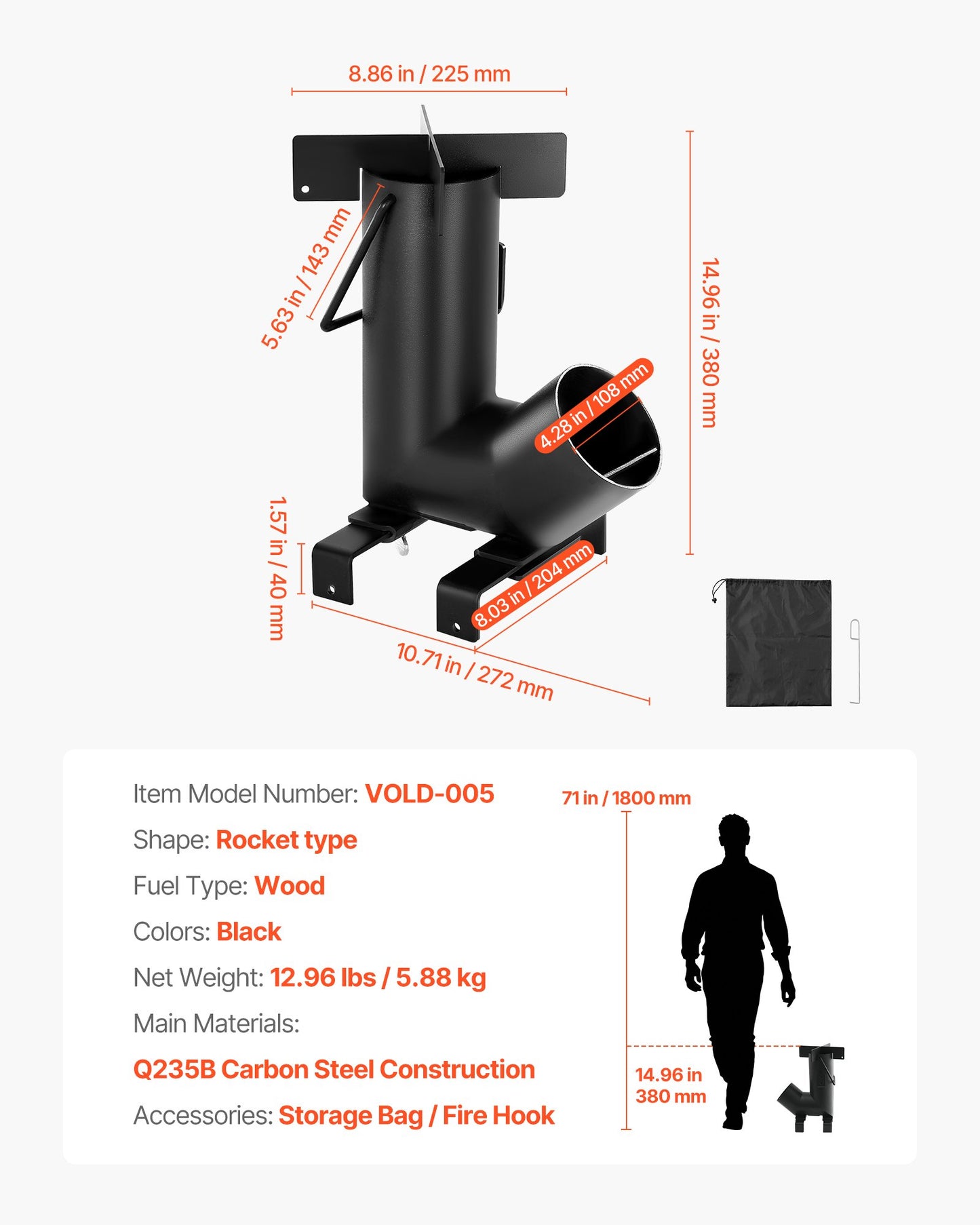 Campingraketkök, vedeldad bärbar raketkök med bärväska för vandring, kolstål, brinnande ved, kvistar eller pinnar för utomhusmatlagning, bakgård, campingmatlagning, uppvärmning, svart