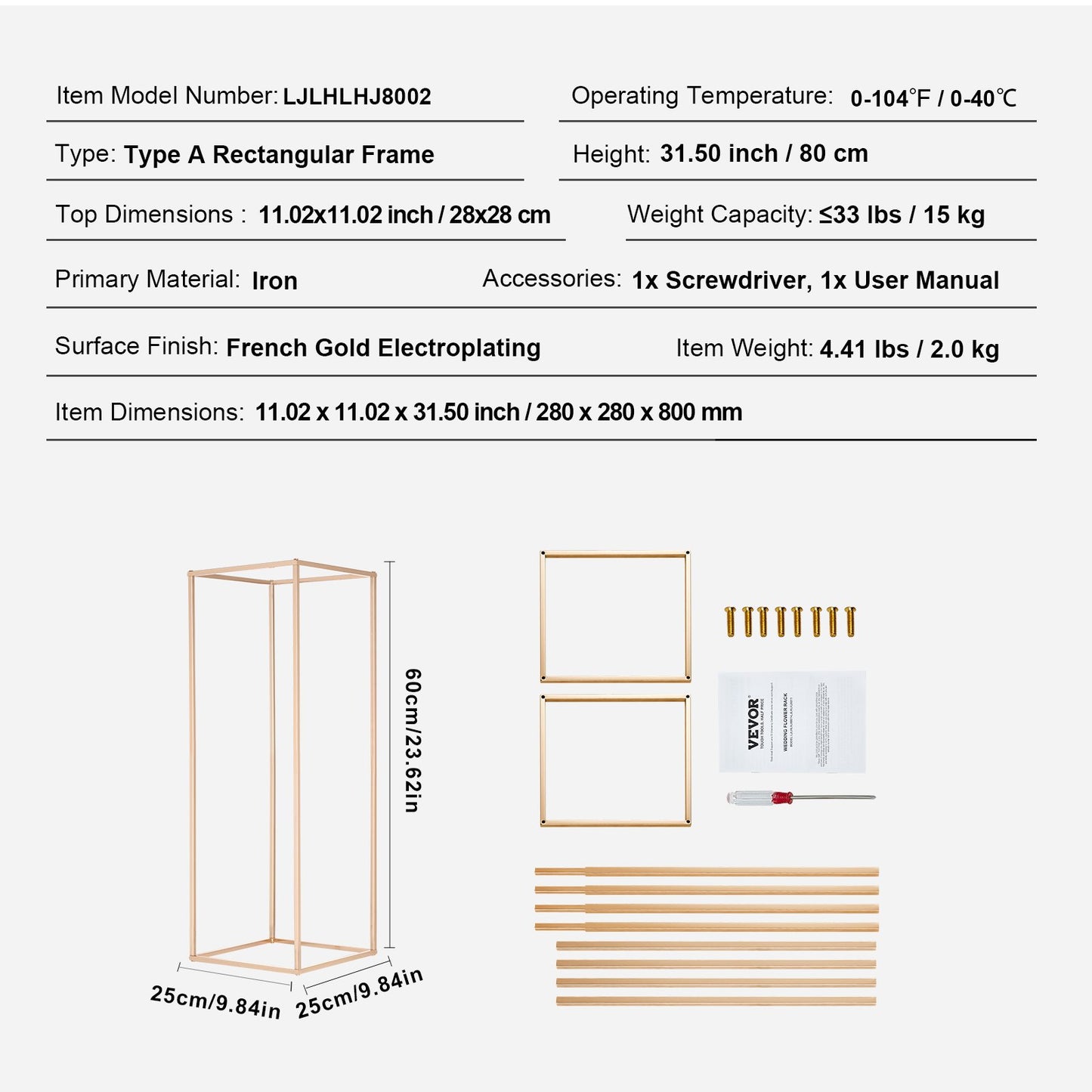 2PCS 31.5inch/80cm High Wedding Flower Stand, Metal Vase Column Geometric Centerpiece Stands, Gold Rectangular Floral Display Rack for T-Stage Events Reception, Party Decoration Home