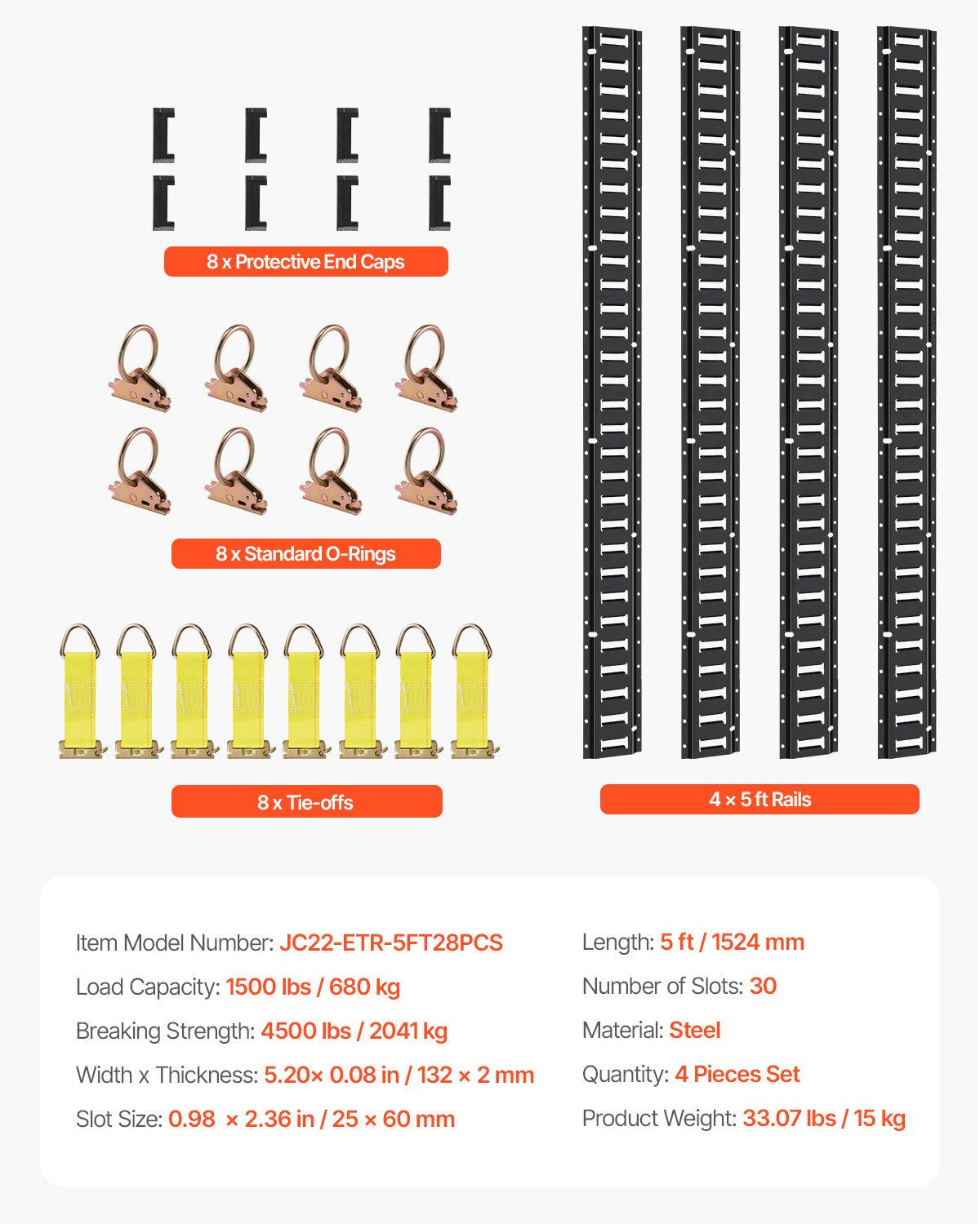 Sats med fastspänningsskenor för E-spår, 30 delar 152,4 cm E-spår. Innehåller 4 stålskenor och 2 enkelspår och 8 O-ringar och 8 fastspänningspunkter med D-ring och 8 ändkåpor, säkringstillbehör för last, motorcyklar och cyklar.