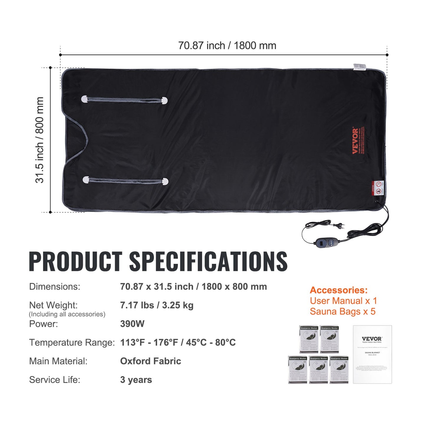 Sauna Blanket Far Infrared Heating with Arm Holes for Detox Oxford 180 x 79 cm