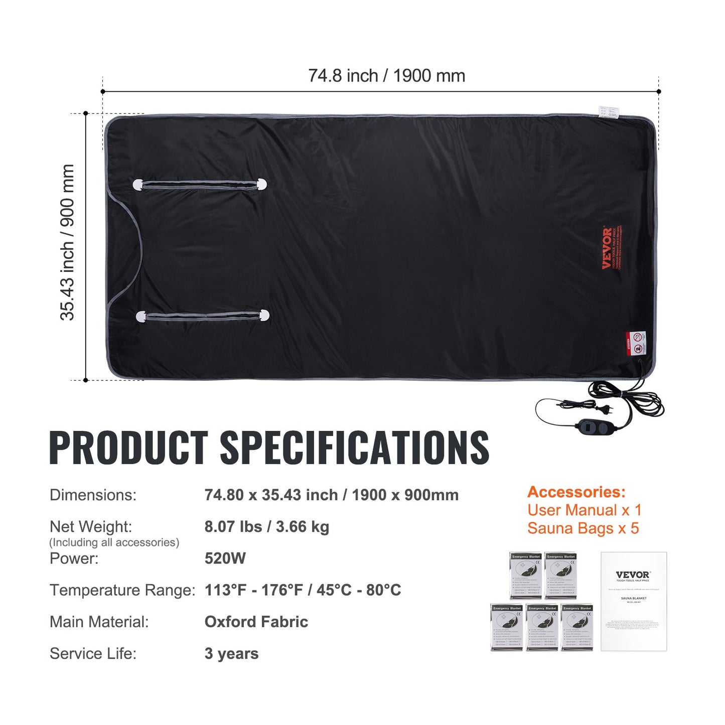 Sauna Blanket Far Infrared Heating with Arm Holes for Detox Oxford 190 x 89 cm