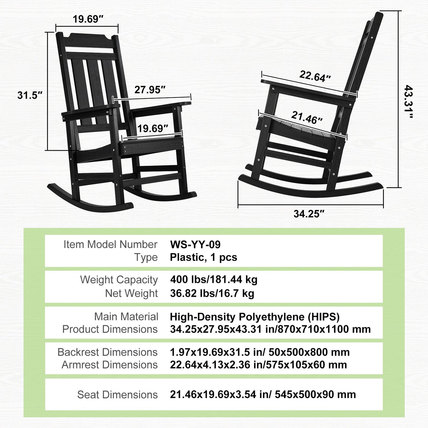 Porch Rocker, HIPS Outdoor Rocking Chair, High Back Patio Rocking Chair with Smooth Armrests, Supports up to 400 lbs, for Garden, Balcony, Porch, Black