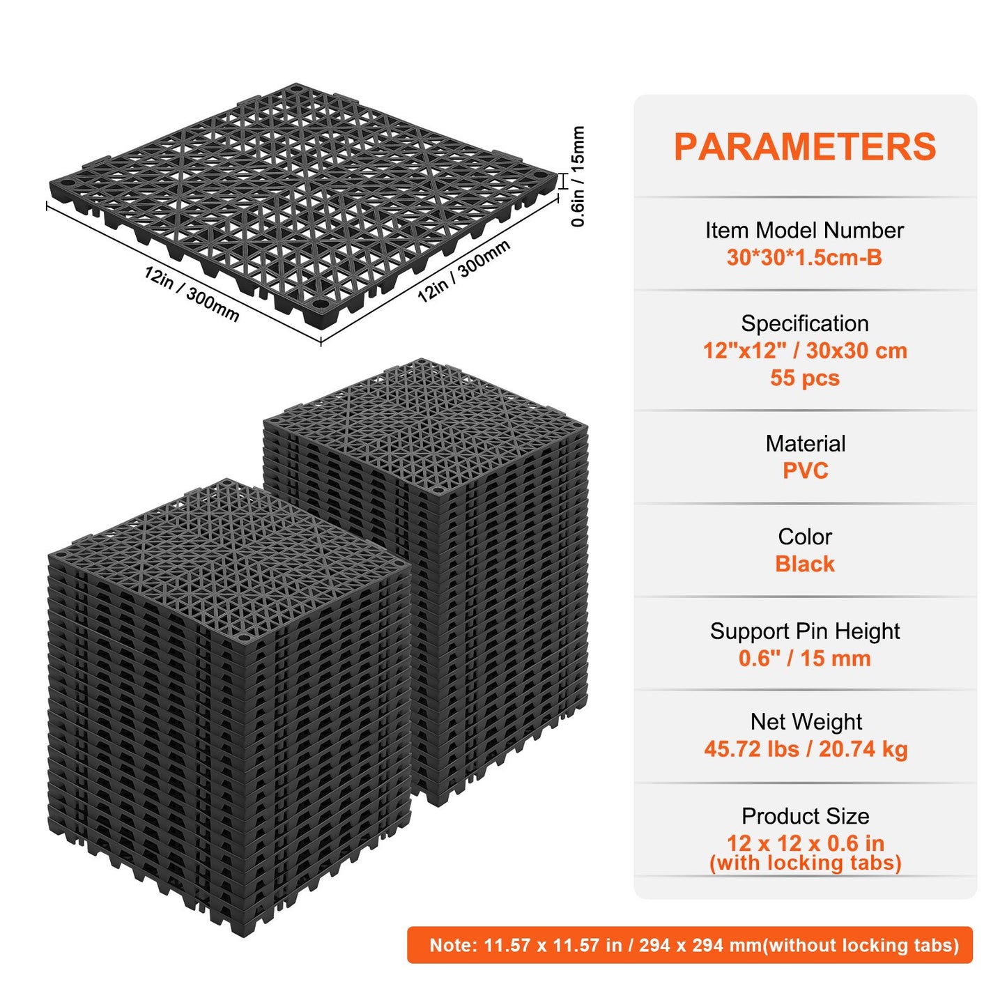 Modular Interlocking Cushion, 55 Pack 30 x 30 cm Splicing Drainage Mats, Soft PVC Interlocking Drainage Floor Tiles, Non-Slip Drainage Holes for Restroom, Bathroom, Kitchen, Pool, Wet, Black