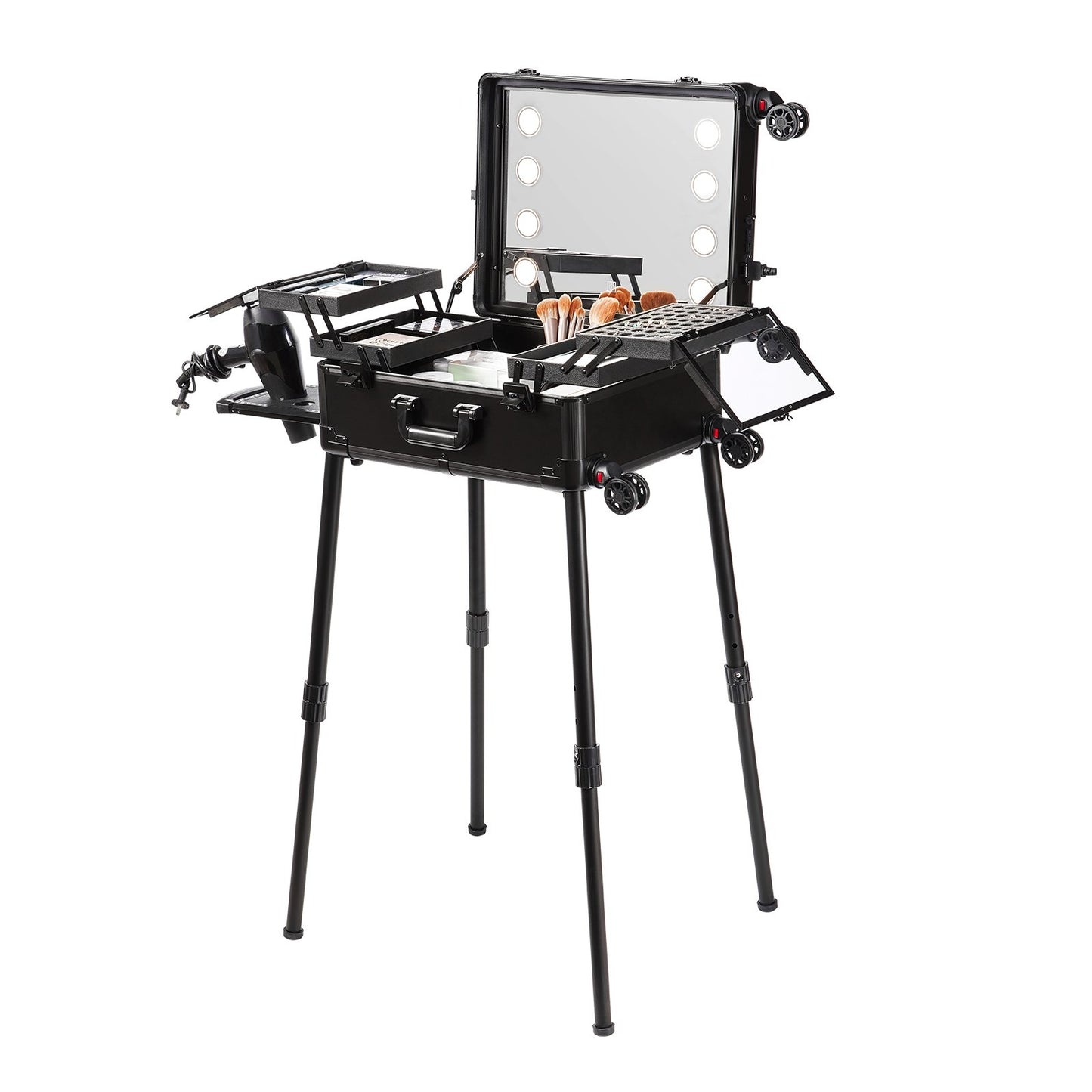 Makeup Train Case with Lock, Lighted Mirror, 4 Storage Trays, Brush Holder, Travel Cosmetic Organizer Box w/ Swivel Wheels, Professional Artist Trolley Studio Free Standing Case