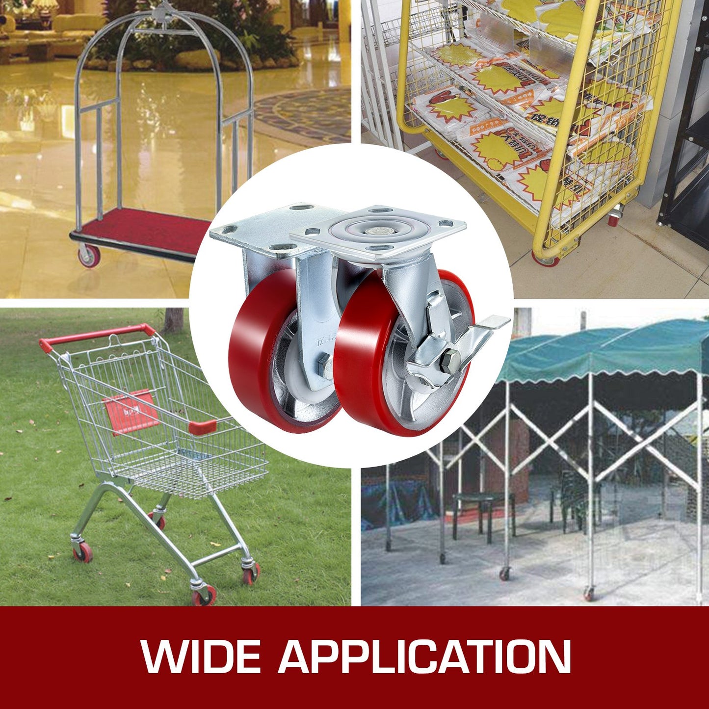 4-pack 15,24 x 5,08 cm hjul 2 fasta och 2 vridbara hjul med sidobroms Polyuretanjärnkärna 453,59 kg kapacitet per hjul