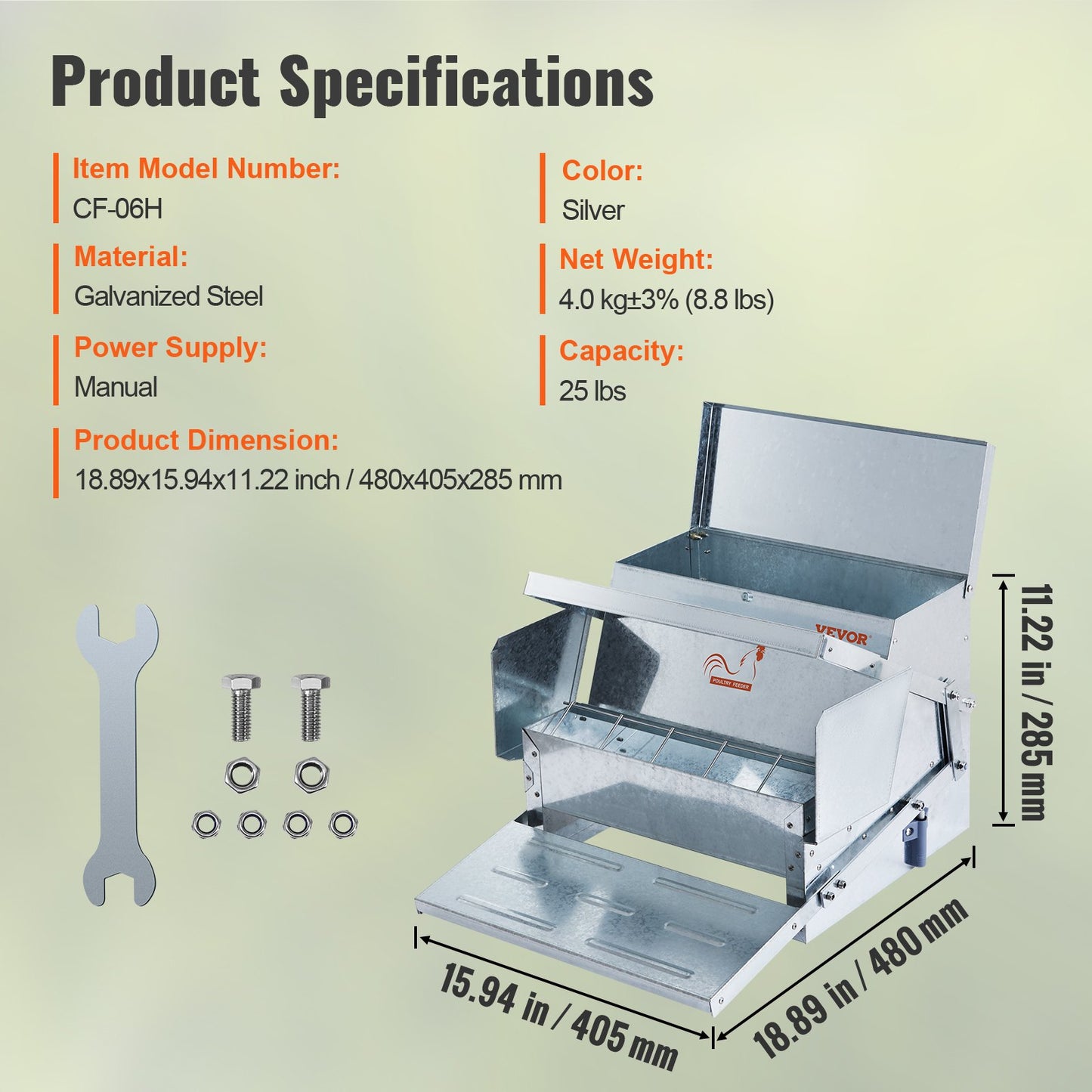 Automatic Chicken Feeder, 11.3kg Capacity Feeds 10 Chickens up to 11 Days, Galvanized Steel Poultry Feeder