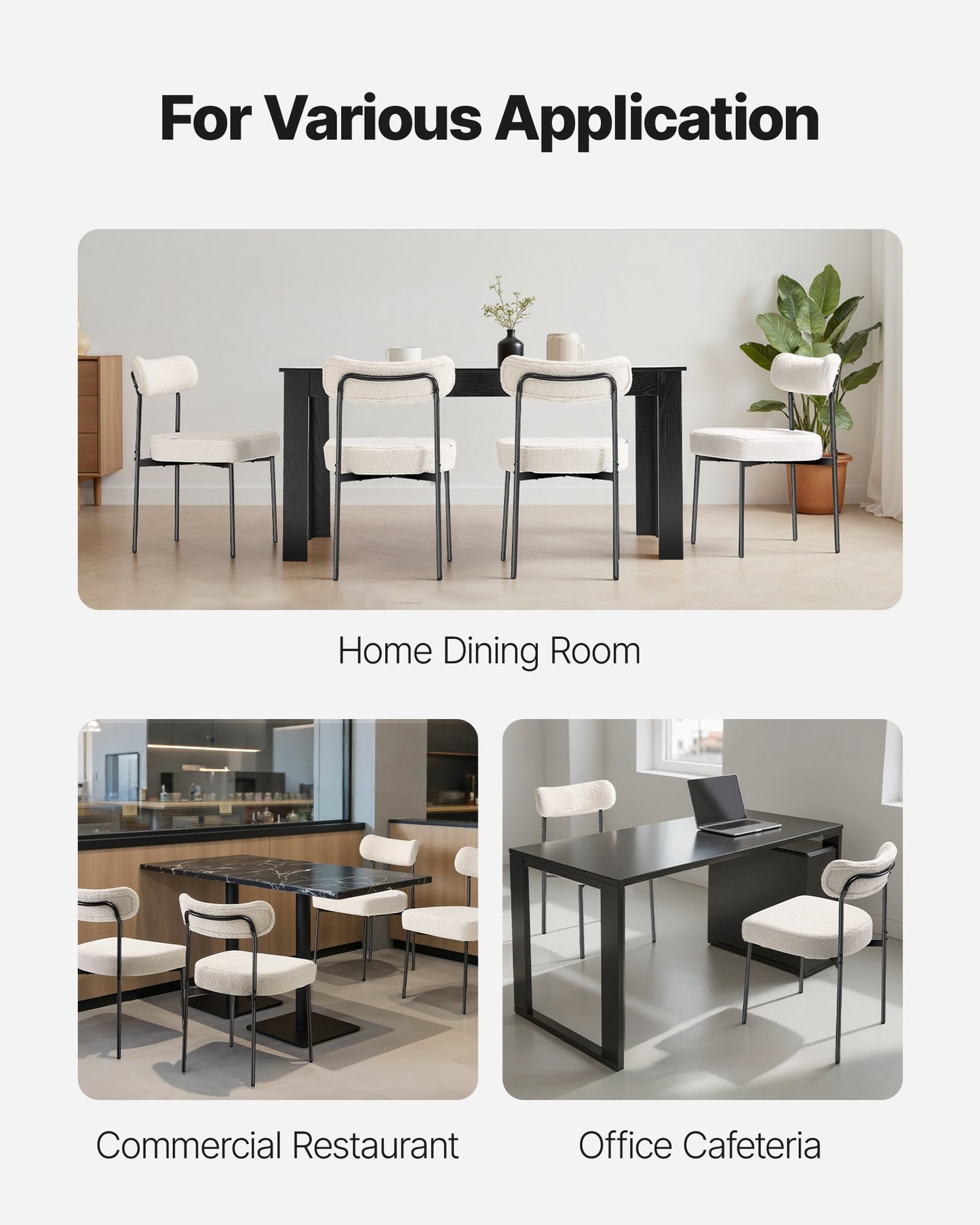 Boucle matstolar, set om 2, moderna sherpa-accentstolar i 50-talets moderna stil, klädd sidostol för matbord, platsbesparande vit köksbordsstol med böjt ryggstöd och svarta metallben