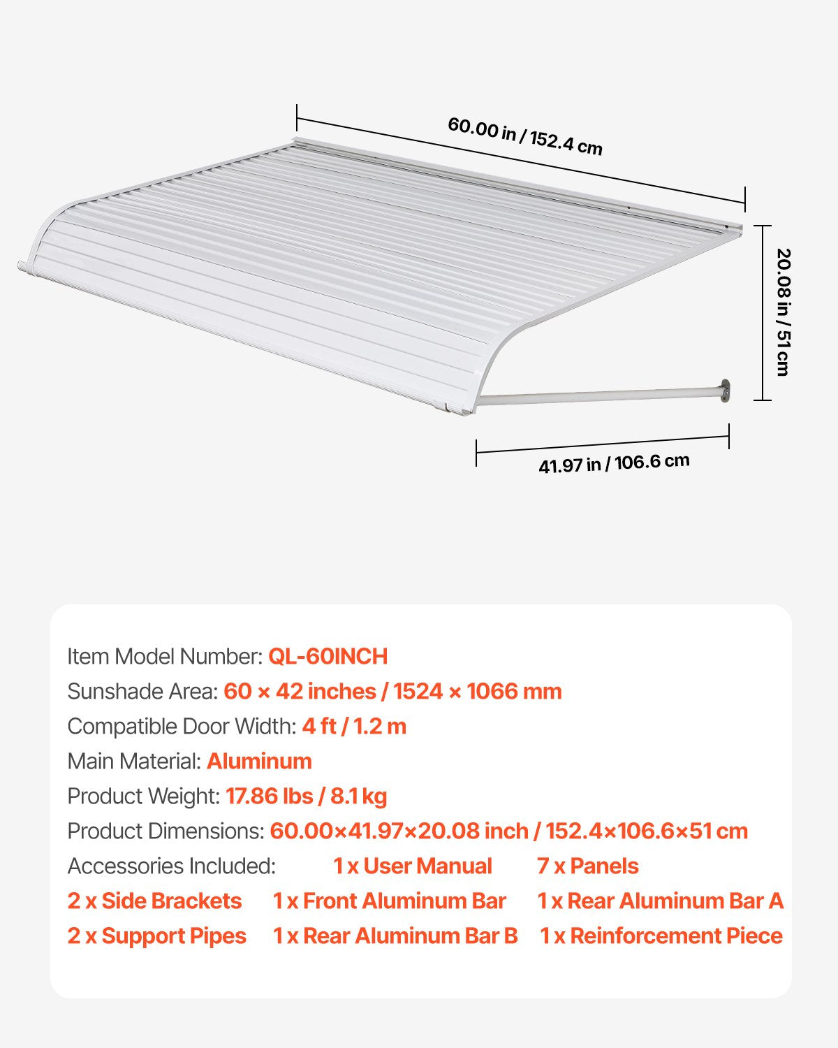 Aluminum Awning 60 x 42 in, Durable Window Awning Door Canopy, Lightweight and Stable Aluminum Awnings for Doors Exterior Rain Snow Sunlight Protection for Door Entrance Windows Patio Porch