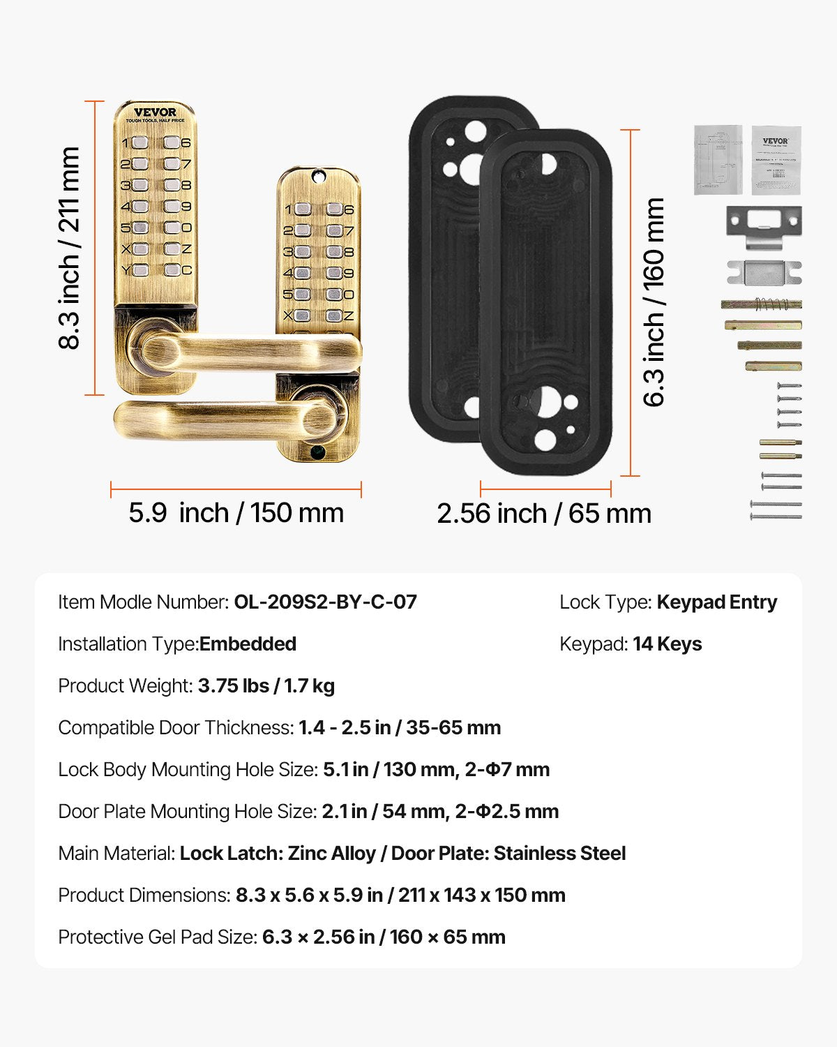 Mechanical Keyless Entry Door Lock, 14 Key Mechanical Door Lock, Mechanical Keypad Door Lock with Handle, Double-Sided Stainless Steel Waterproof Keyless Gate Lock, for Home Office Fence Garage
