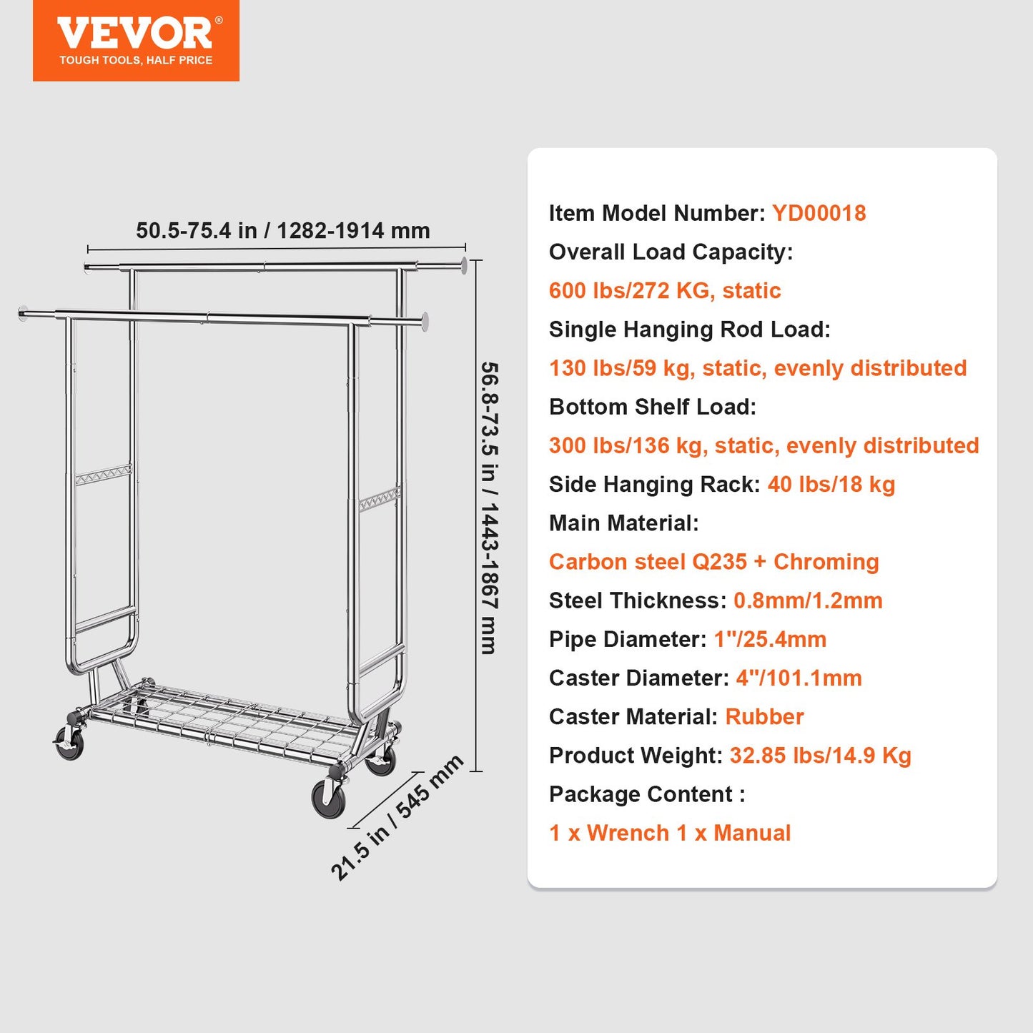 Heavy Duty Clothes Rack, Double Hanging Rod Clothing Garment Rack for Hanging Clothes, Adjustable Height and Extendable Length Clothing Rack with Bottom Storage Area, 272.2kg Load Capacity