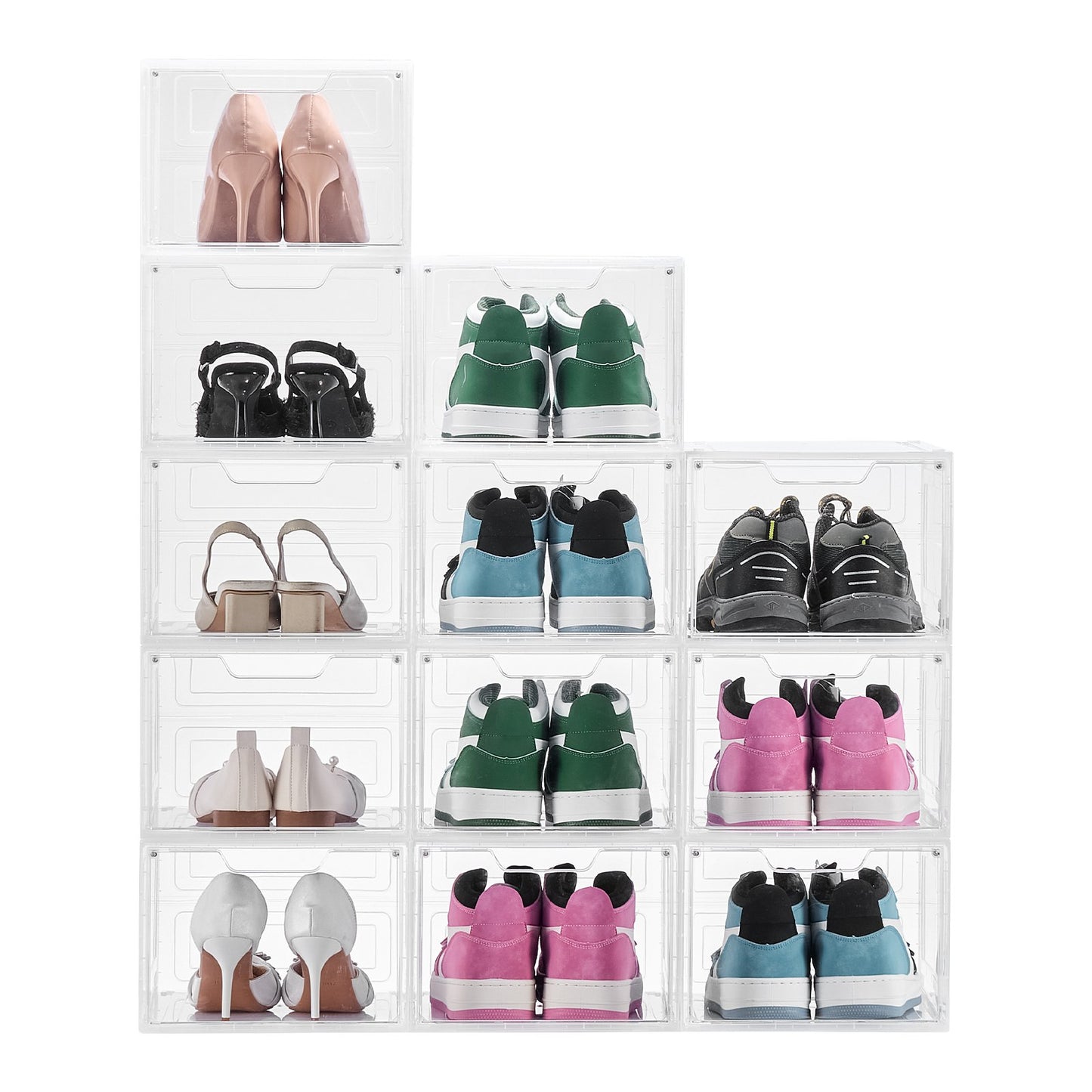 Shoe Storage Boxes, 12 Pack Clear Stackable Shoe Boxes Storage Organizers with Magnetic Door, Fit up to US Size 13, Plastic Sneaker Containers for High Heels, Boots, and Hats, Transparent White