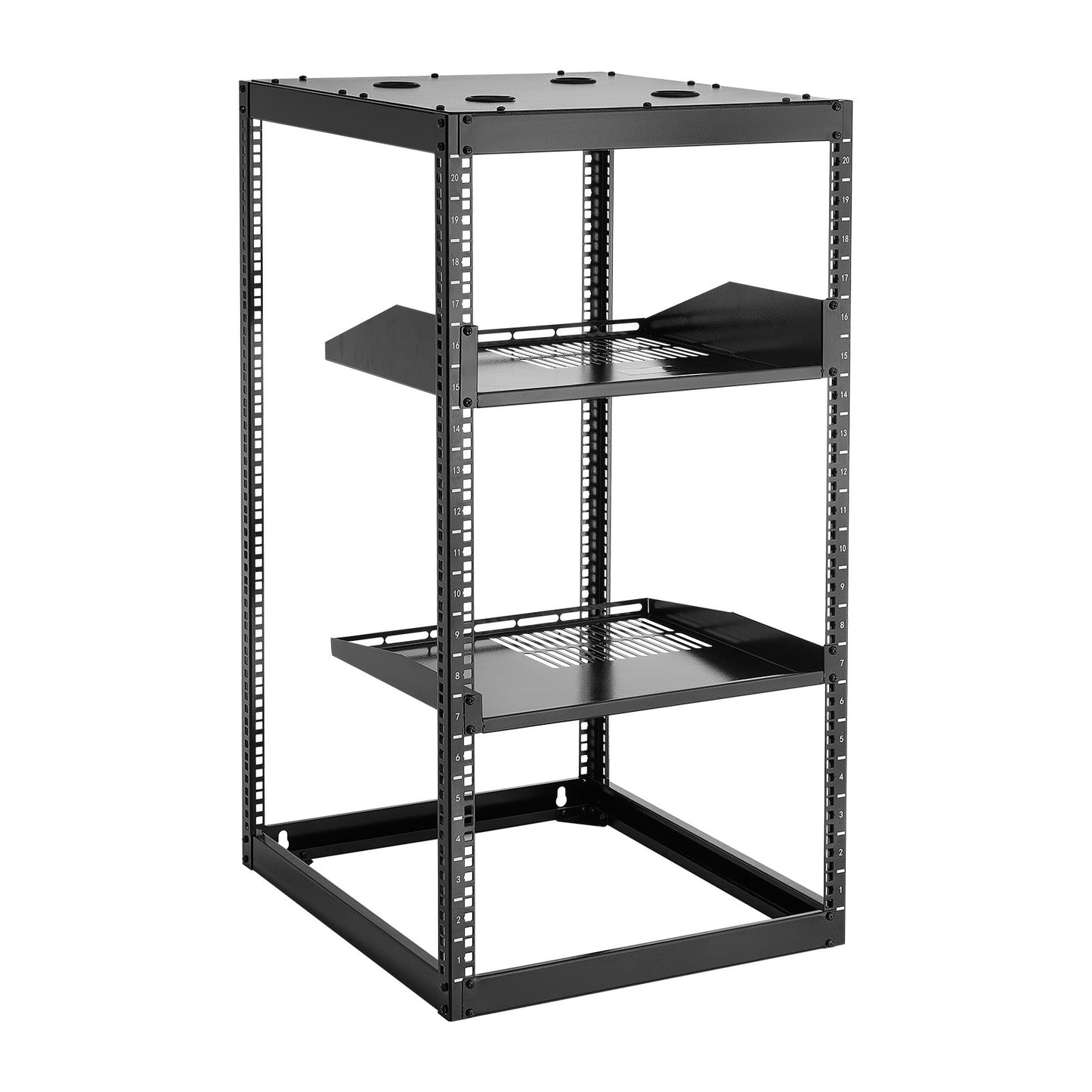 20U Open Frame Network Rack, 585 mm Depth, Wall Mounted or Floor Standing Server Rack, Heavy Duty 4 Post, with Vented Shelves & Mounting Hardware, Holds All Your Networking IT Equipment AV Gear