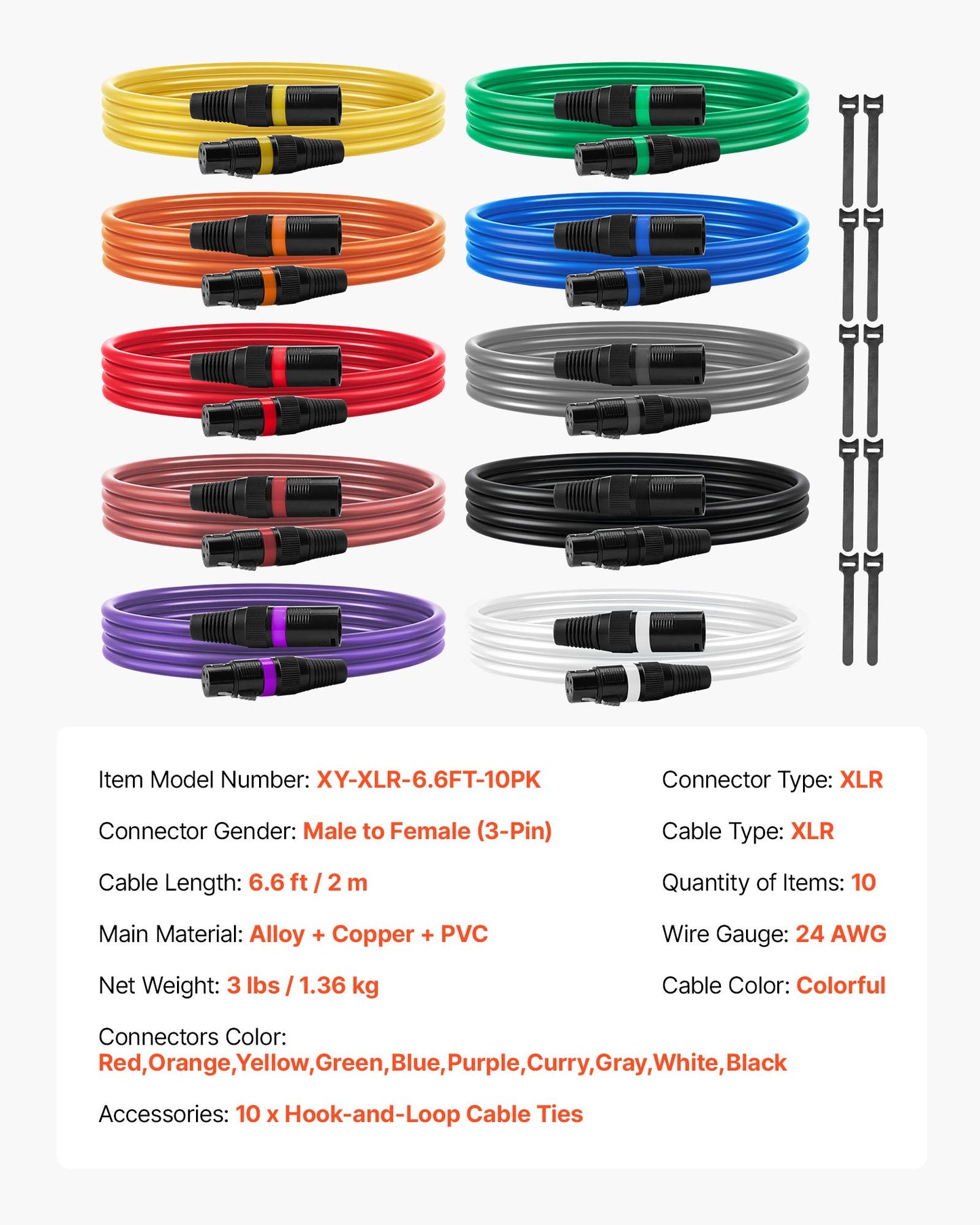 XLR Cable 2 m, 10 Pack, Shielded Balanced DMX Male to Female Microphone Cables, Gold-Plated 3-Pin XLR Mic Speaker Cords Wires, for Stage Lighting, Microphones, Amplifier, Mixer, Speaker Systems