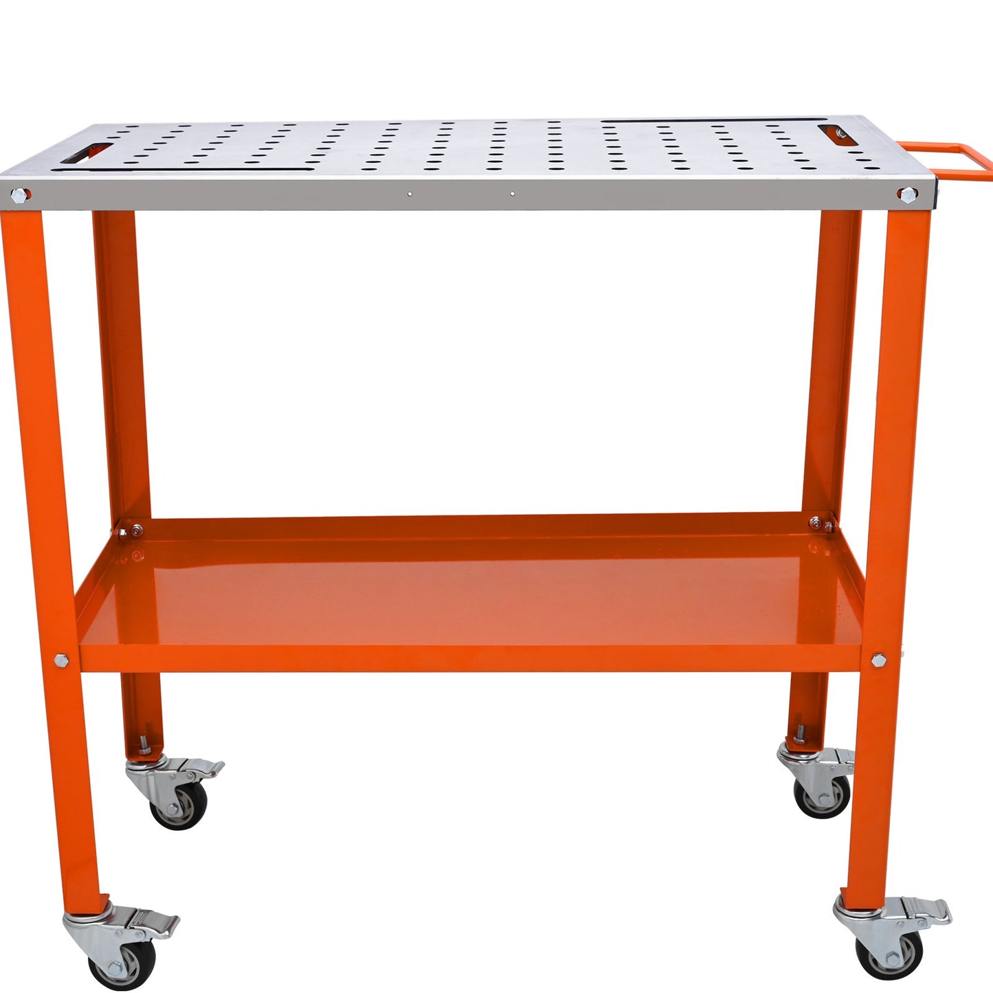 Welding Table 91.4 cm x 45.7 cm, 544 kg Load Capacity Steel Welding Workbench Table on Wheels, 2 Layers Portable Work Bench with Braking Casters, 4 Tool Slots, 1.6 cm Fixture Holes