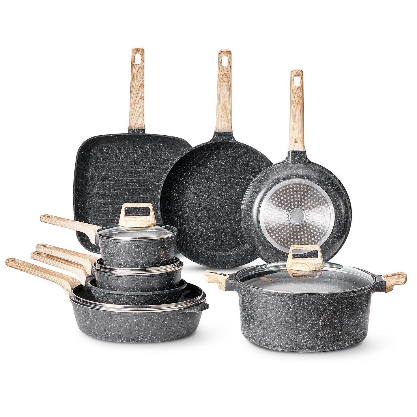 19 Piece Pots and Pans Set, Granite Nonstick Cookware Set, Induction Cookwares, Kitchen RV Cooking Sets with Frying, Sauce, Saute, Tempered Glass Lids, and Pan Protectors, Black