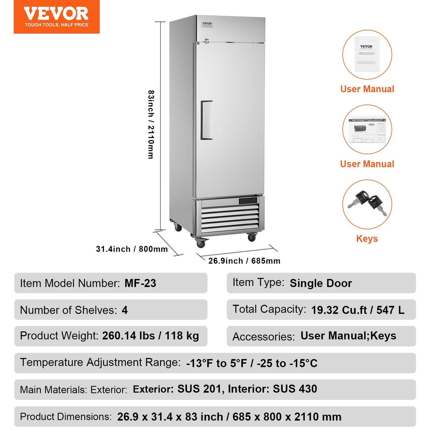 Commercial Freezer 20.12 Cu.ft, Reach In Upright Freezer Single Door, Auto-Defrost Stainless Steel Reach-in Freezer with 3 Adjustable Shelves, -13 to 5℉ Temp Control and 4 Wheels