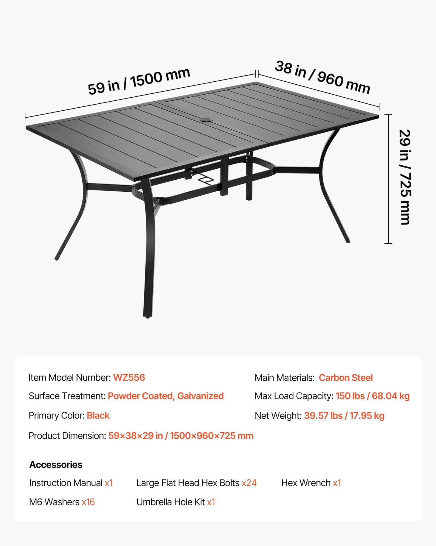 Outdoor Patio Dining Table, 150cm Long Rectangular Metal Steel Slat Backyard Bistro Tables for 4-6, with 38mm Umbrella Hole, All-Weather Large Furniture for Lawn Garden Porch, Black