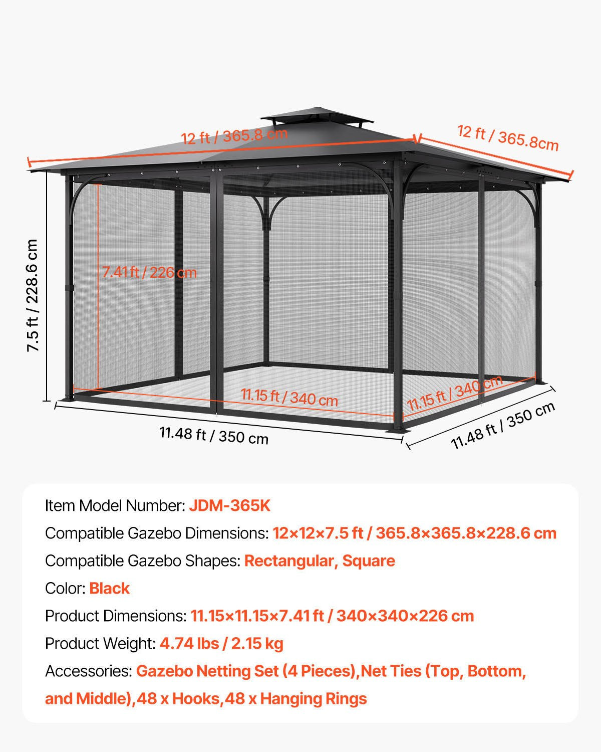 Nät för paviljonger, passar de flesta 12 x 12 x 7,5 fot paviljonggardiner, trädgårdsnät med 4 paneler på sidoväggarna, myggnät för uteplatser med dubbel dragkedja, skärm för tak (endast nät)