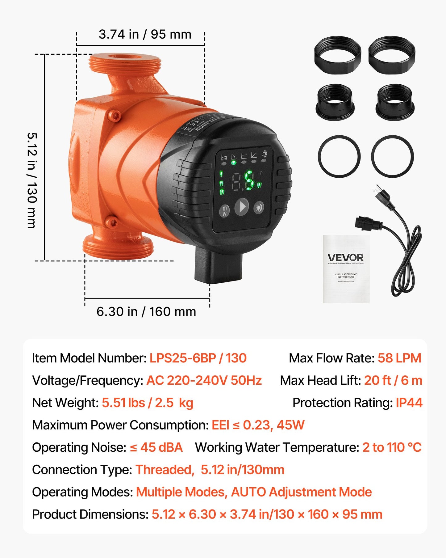 LPS25-6BP/130 High Efficiency Circulator Pump, 58 LPM, 4 M Max Lift Cast Iron Hot Water Recirculating Circulation Pump, Threaded Connection, Check Valve, Quiet Operation, for Home Heating System