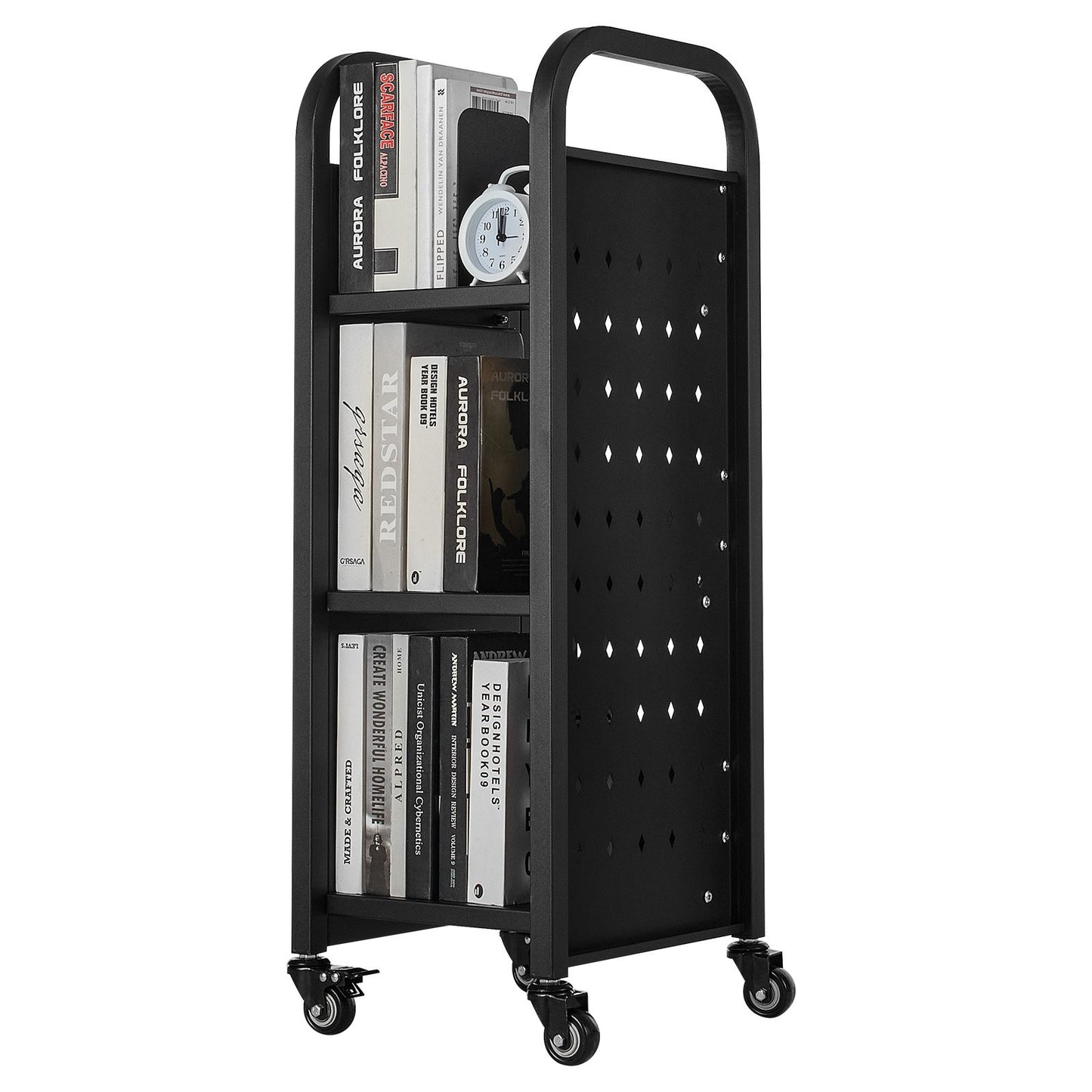 Rolling Library Book Cart, 100 kg Capacity, 32 x 35 x 93.5 cm Library Cart, Single Sided L-Shaped Shelves with 50.8 mm Lockable Wheels, Book Truck for Home Shelves Office and School, Black