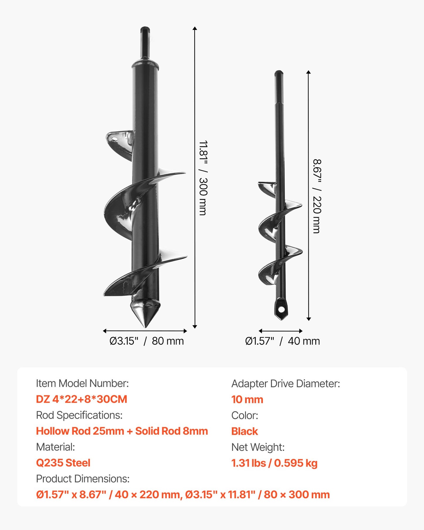 Borrkrona för plantering, set om 2, 40 x 220 mm och 80 x 300 mm, spiralborr för 3/8" sexkantsborrar, kraftigt verktyg för lökplantering, hålborrningstillbehör för grävmaskin
