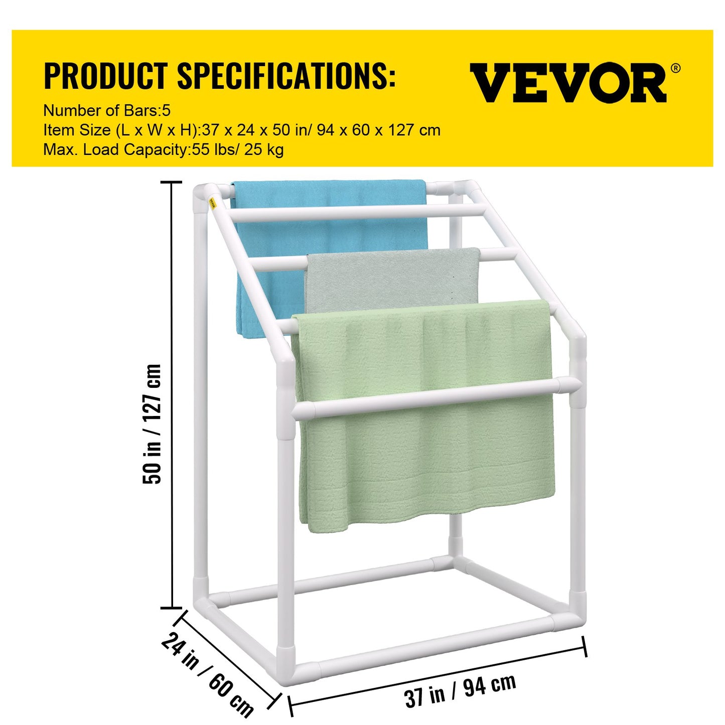 Pool Towel Rack, 5 Bar, White, Freestanding Outdoor PVC Trapedozal Poolside Storage Organizer, Include 8 Towel Clips, Mesh Bag, Hook, Also Stores Floats and Paddles, for Beach, Swimming Pool