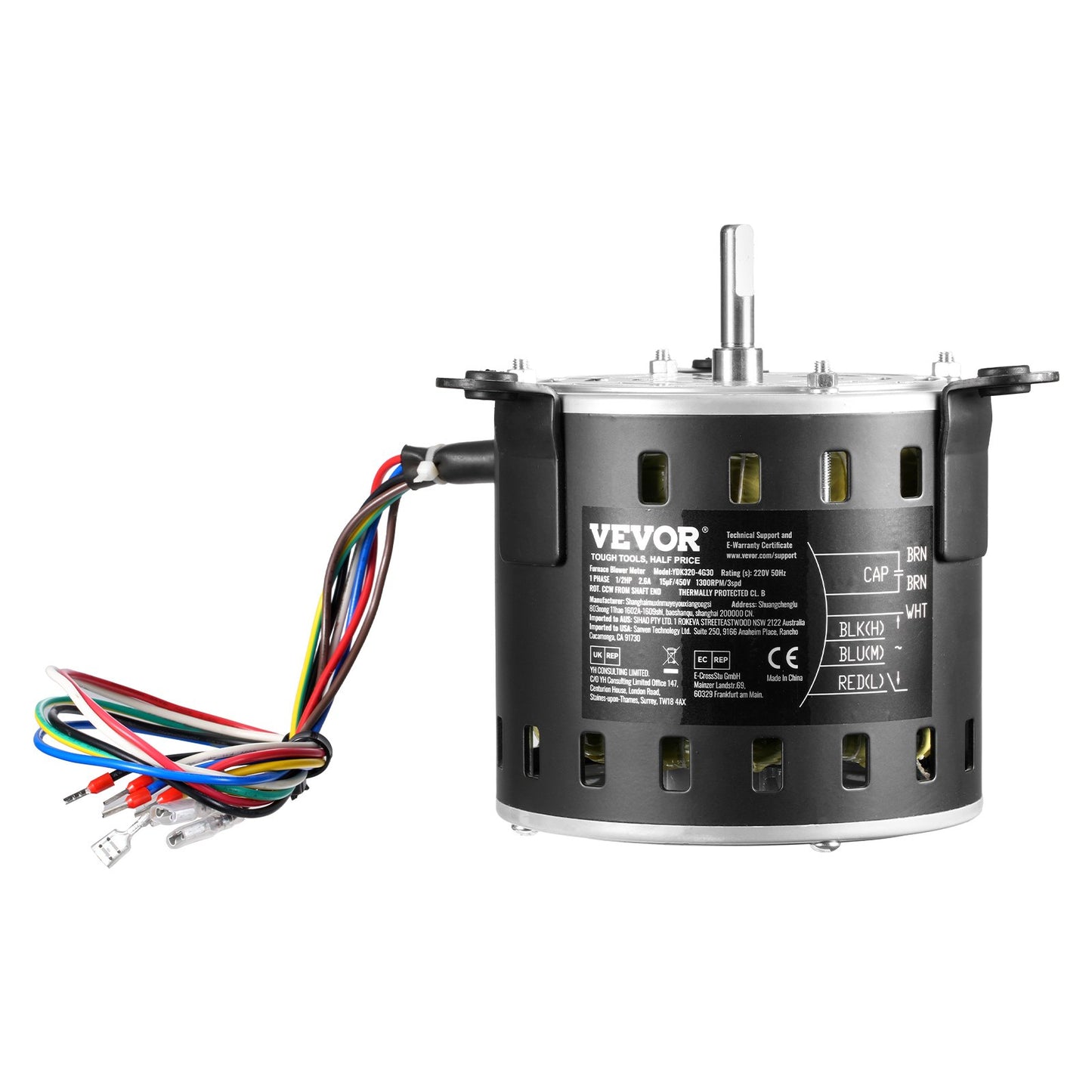 1/2 hk fläktmotor för ugn, 220 V 2,6 A, 1300 rpm 3-växlad, 10 mm axeldiameter, 20 mm axellängd, roterar moturs från axeländen, inkluderar CBB60 15 μF/450 V kondensator