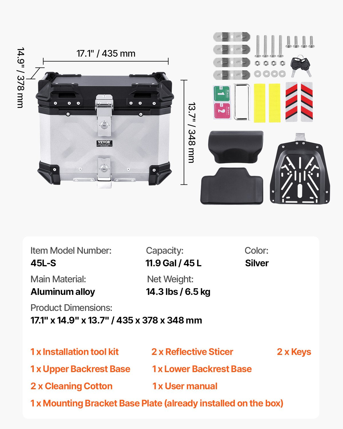 Motorcycle Top Case, Universal Aluminum Alloy Motorbike Tail Box with Leather Lining, 45L Waterproof Detachable Motorcycle Top Box with Lock & Back Cushion, Fit for 99% of Motorcycle Frames