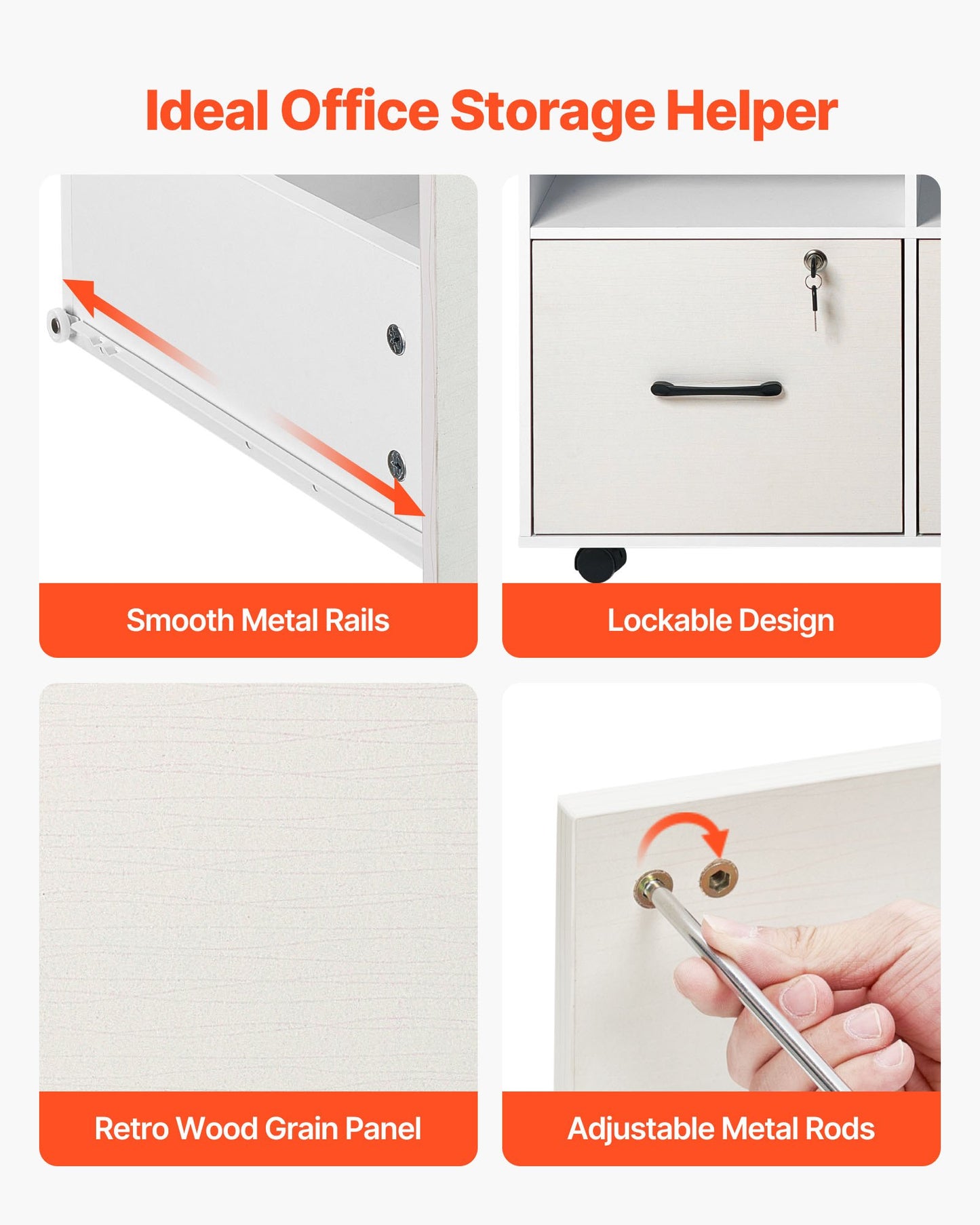 Träskåp med 2 lådor, mobilt arkivskåp med öppna hyllor, låsbar sidomonterad rullande arkivskåp med justerbara hyllor, fristående skrivarstativ för hemmakontor/skola, vit