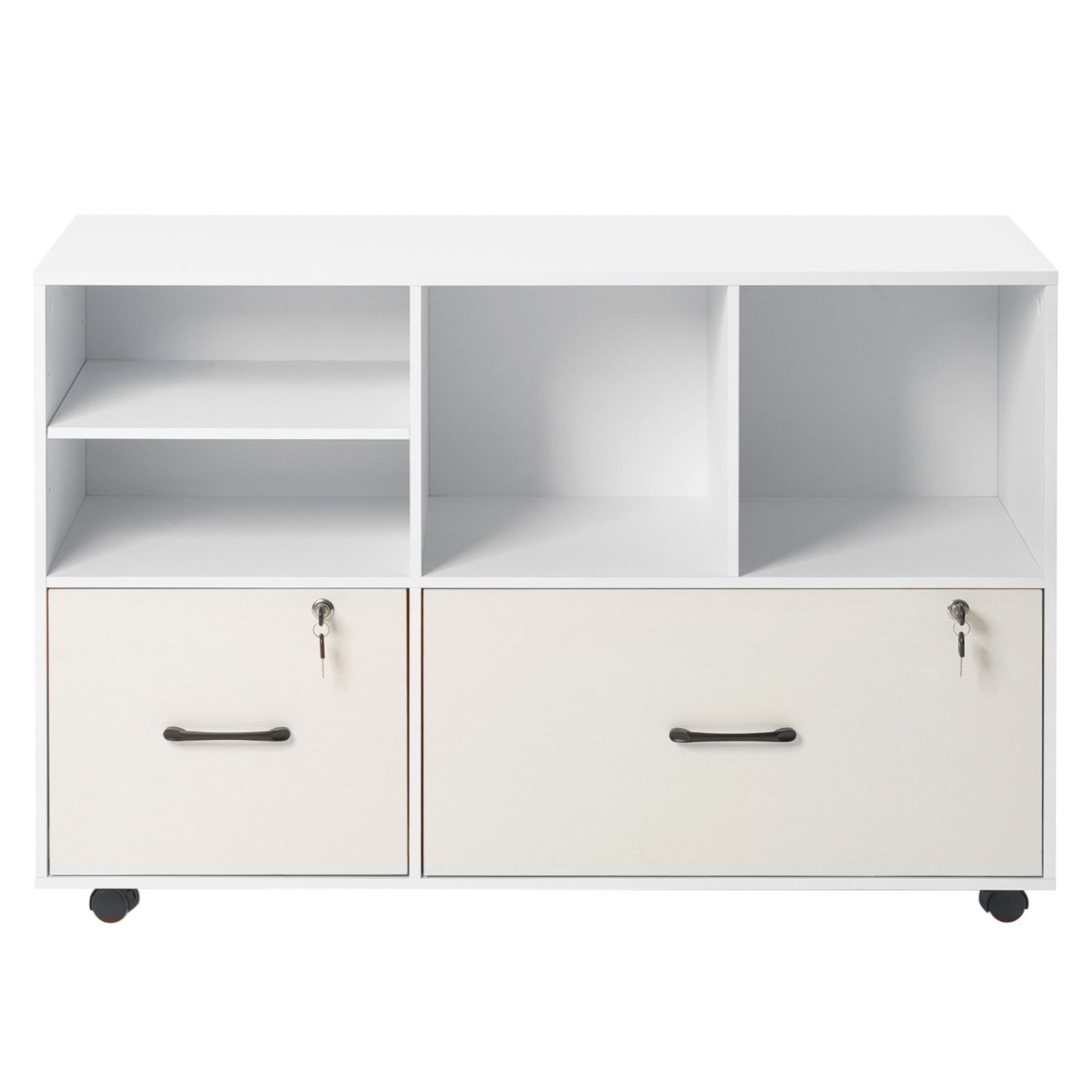 2 Drawer Wooden File Cabinet, Mobile Filing Cabinet with Open Shelves, Lockable Lateral Rolling File Storage with Adjustable Shelves, Free Standing Printer Stand for Home Office School, White