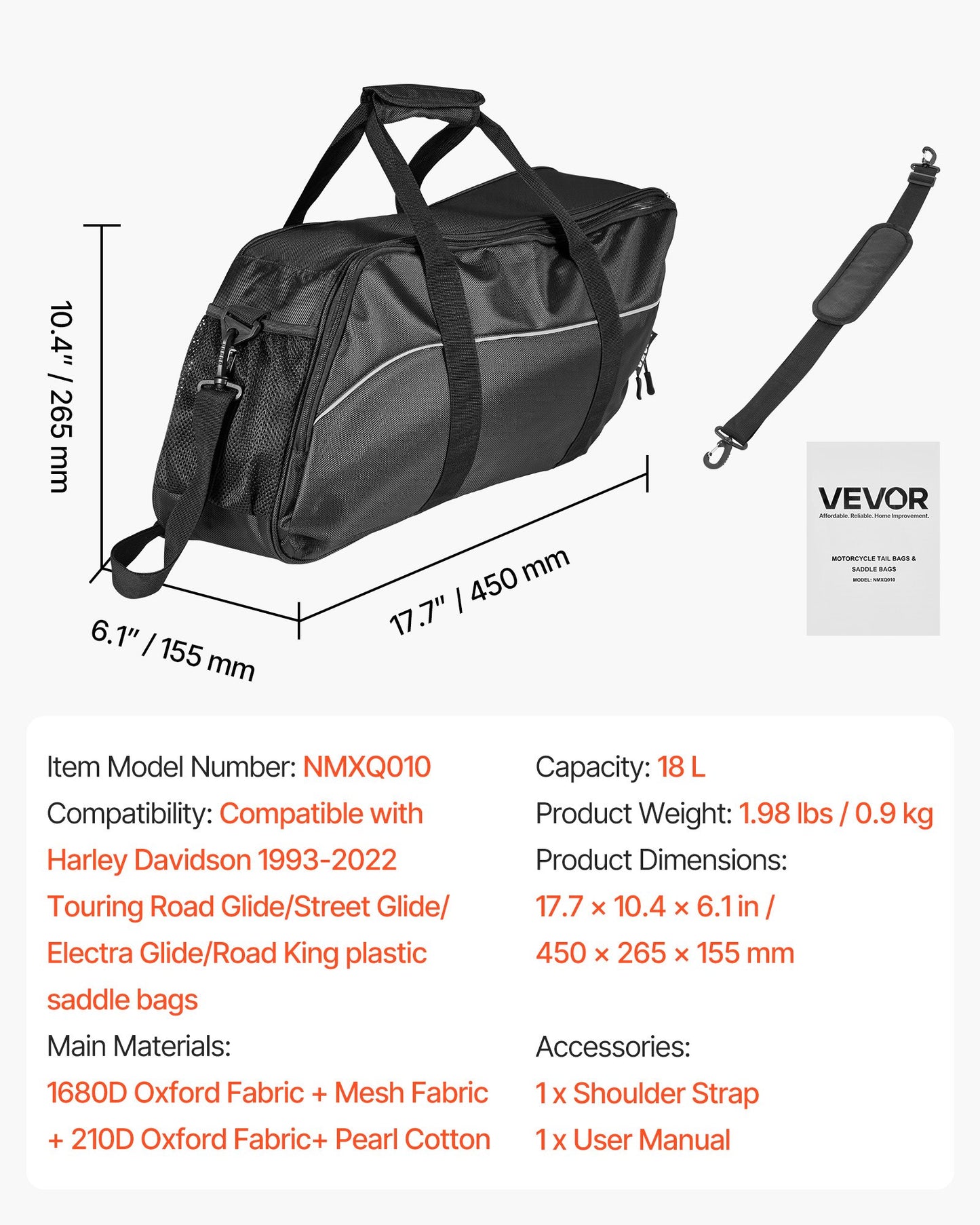 Motorcycle Saddlebag Liner Bag, 18 L Insert Storage Travel Luggage Bag Organizer, Compatible with Harley Davidson 1993-2022 Touring Road/Street Glide/Electra Glide/Road King Saddlebag, Black