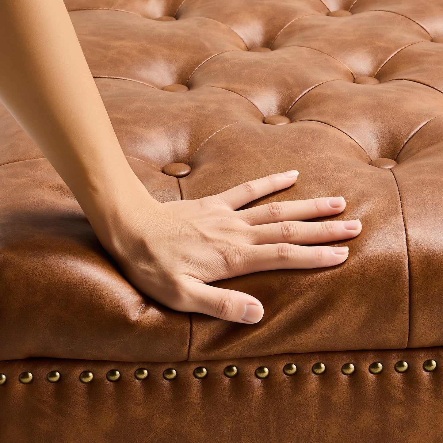 80 cm Square Leather Ottoman with Storage, Upholstered Tufted Button Coffee Table Ottoman with Castered Rolling Wheels, PU Leather High-Density Sponge for Living Room, Dorm, Bedroom, Brown