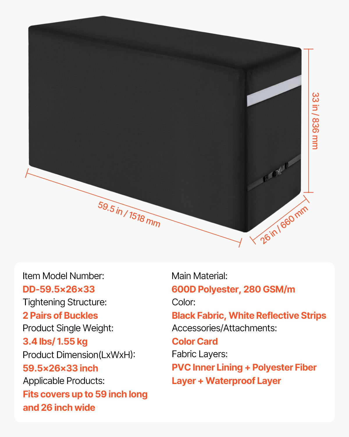 Grillöverdrag, 59 tums grillöverdrag för utomhusgrillar, vattentätt, blekningsbeständigt, väderbeständigt, kraftigt 600D polyester, enkelt att ta på och av, med säkra spännen, svart