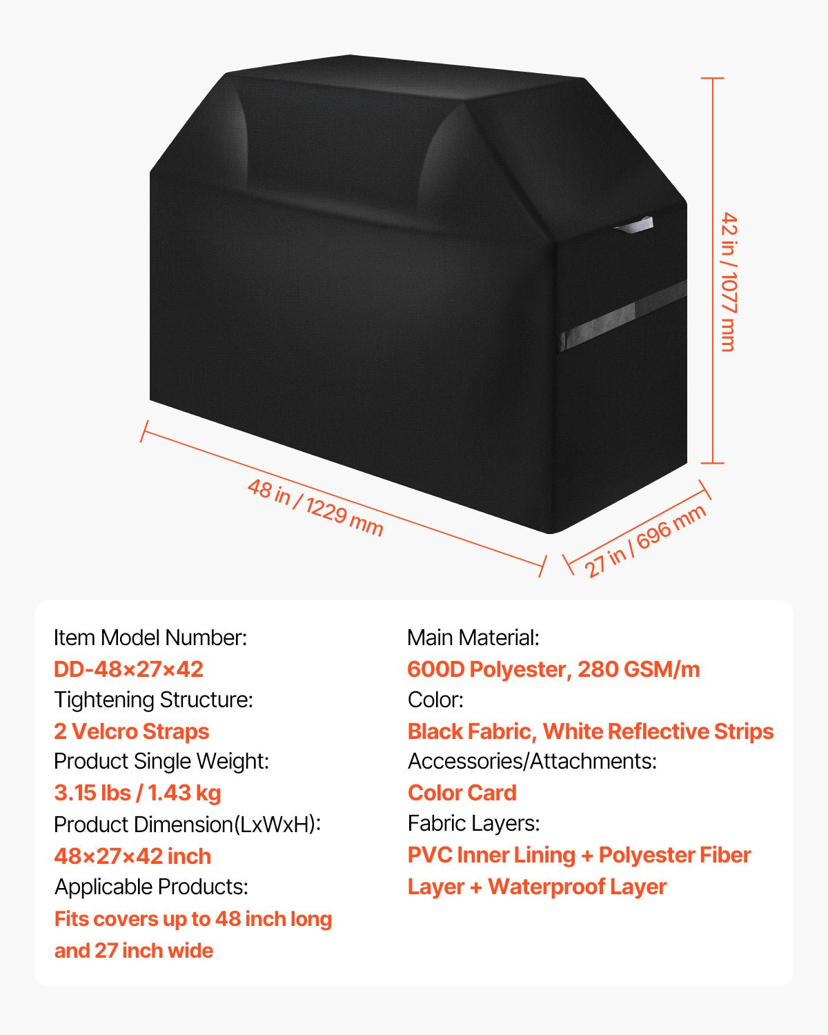 Grill Cover, 48 inch BBQ Covers for Outdoor Grills, Waterproof, Fade Resistant, Weather Resistant Heavy Duty 600D Polyester, Easy On/Off, with Hook-and-Loop Straps, Black