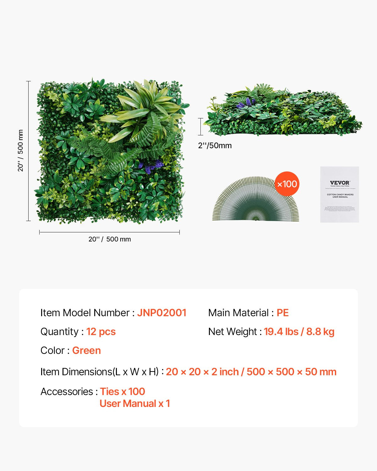 Konstgräsväggpaneler, 12 st 20 x 20 tum, 3D-kombination av grönska i buxbom för inomhus- och utomhusgröndekor och murgröna, avskild bakgrund, häckskärm för trädgård