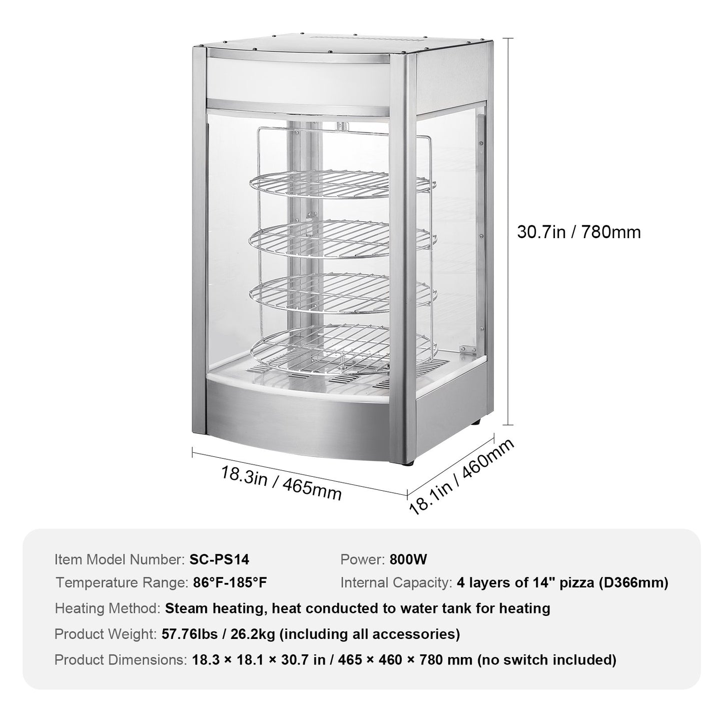 Commercial Food Warmer Display for 14" Pizza, 4-Tier Pizza Warmer with Rotary Steam Heating, 30℃~85℃ Temperature Control and Temp Display, 25W Oven Light + Top LED for Pizza Shop, Restaurant