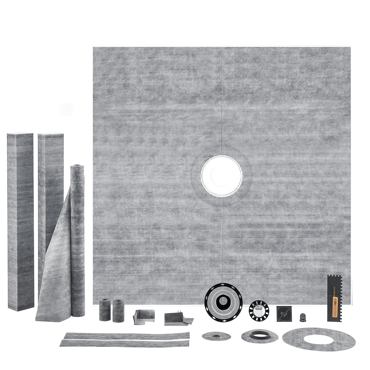 Shower Curb Kit, 1828x1828mm Shower Pan Kit with 50.8mm PVC Central Flange, 101.6mm Stainless Steel Grate, Waterproof Shower Curb & Membrane & Strip, Shower Pan Slope Sticks Fit for Bathroom