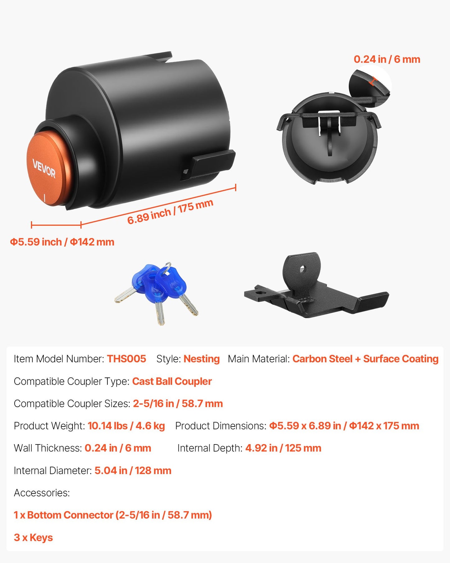 Trailer Lock, Fits 58.6 mm Cast Ball Couplers, Heavy Duty Hitch Lock with 3 Keys Secures Security Chains, Corrision-resistant, Anti-Theft RV Trailer Locks for RV, Trailer, Boat