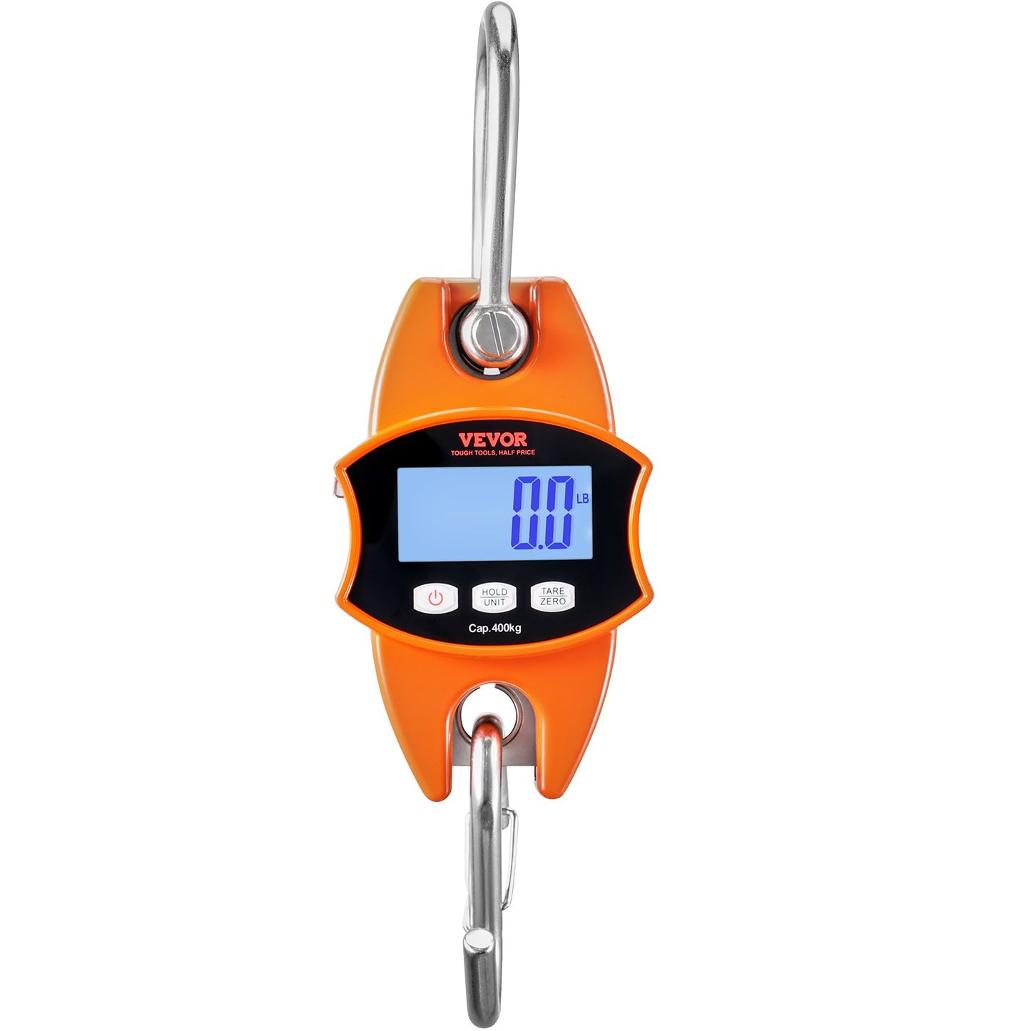 Digital Crane Scale, 880 lbs/400 kg, Industrial Heavy Duty Hanging Scale with Cast Aluminum Case & LCD Screen, Handheld Mini Crane with Hooks for Farm, Hunting, Fishing, Outdoor, Garage (Orange)